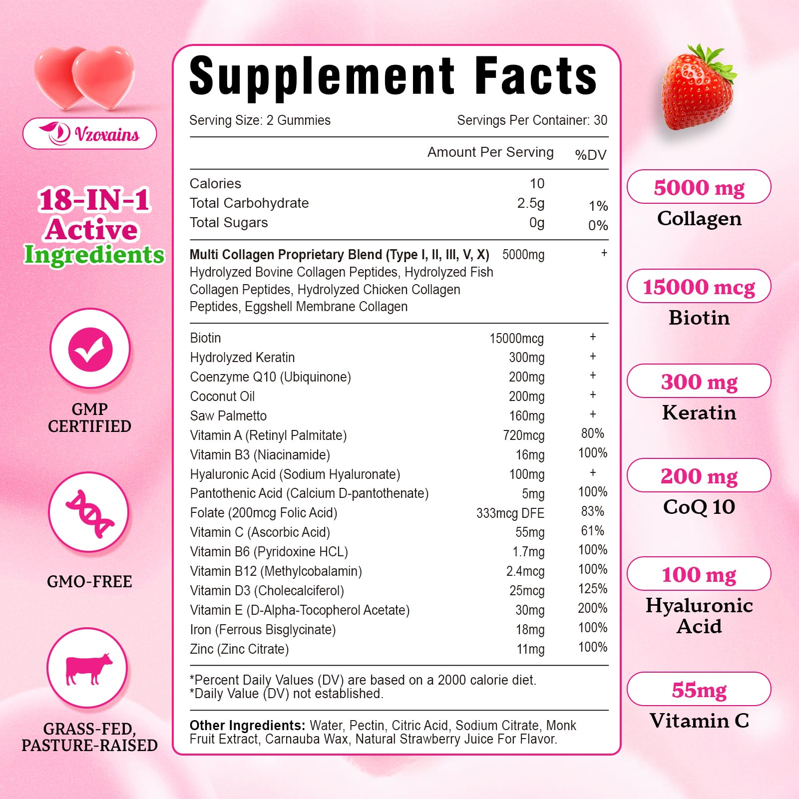 Collagen Peptides Gummies 5000MG – Strawberry Sugar Free | Biotin, Hyaluronic Acid, Vitamin C (Types I–X)