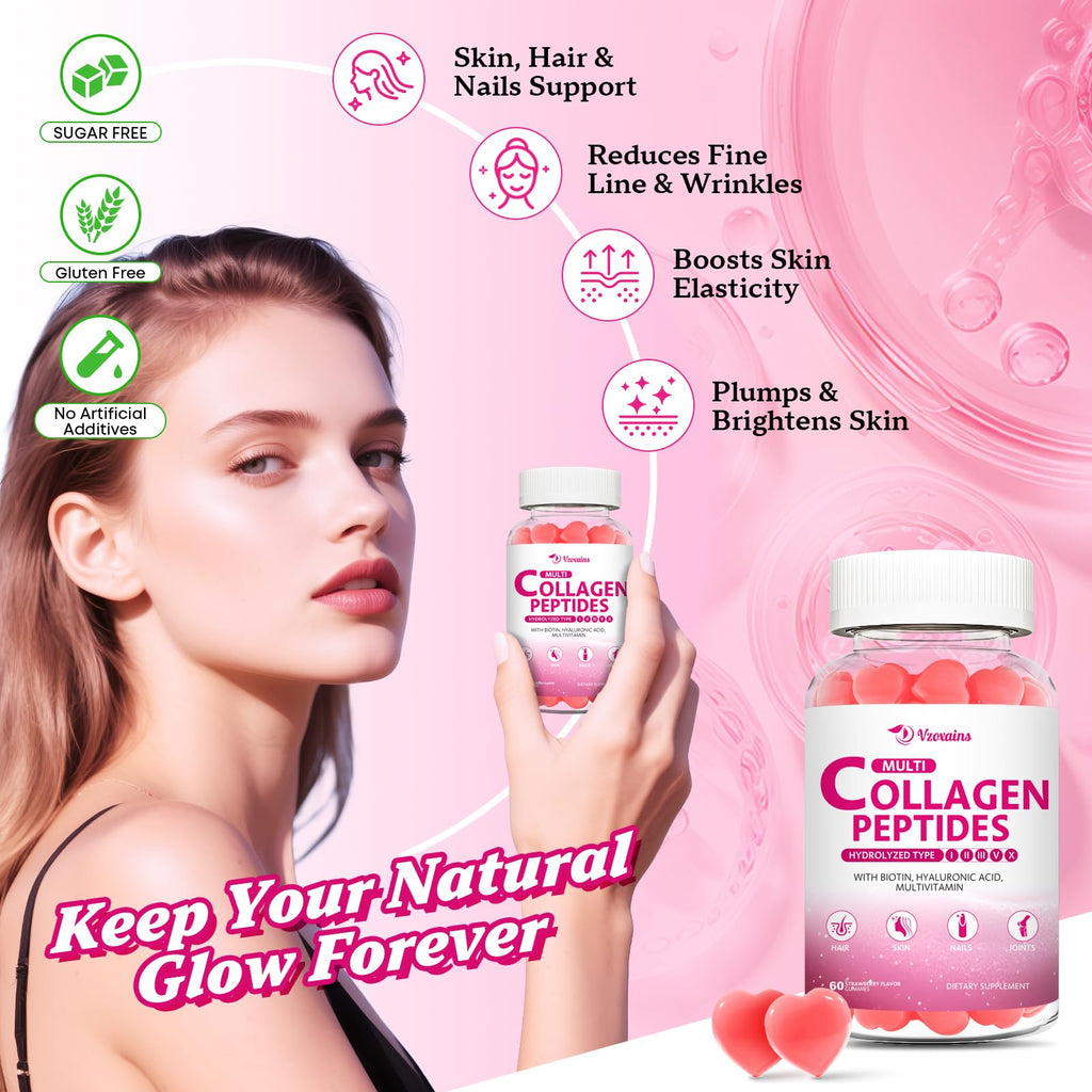 Collagen Peptides Gummies 5000MG – Strawberry Sugar Free | Biotin, Hyaluronic Acid, Vitamin C (Types I–X)