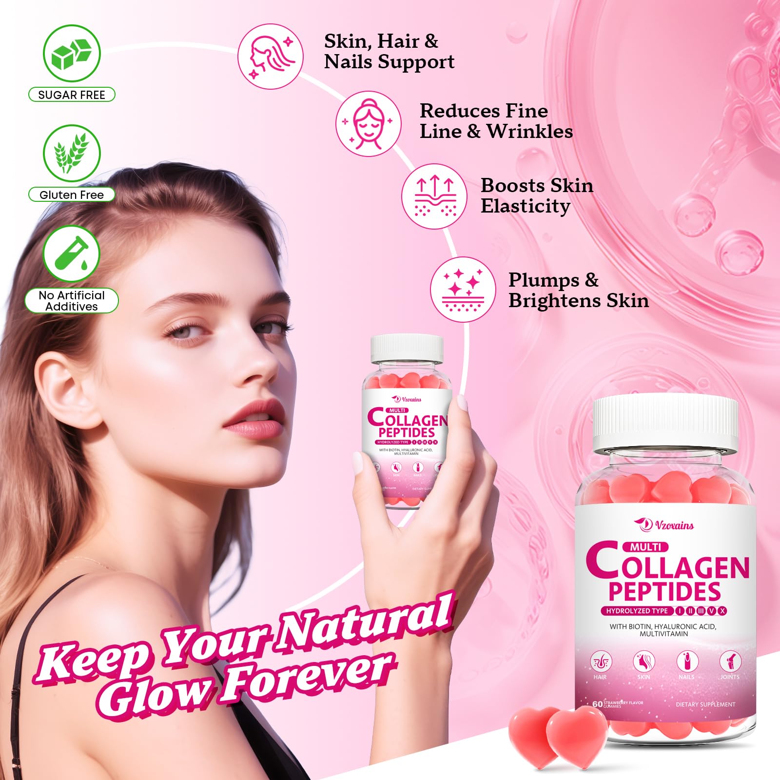Collagen Peptides Gummies 5000MG – Strawberry Sugar Free | Biotin, Hyaluronic Acid, Vitamin C (Types I–X)