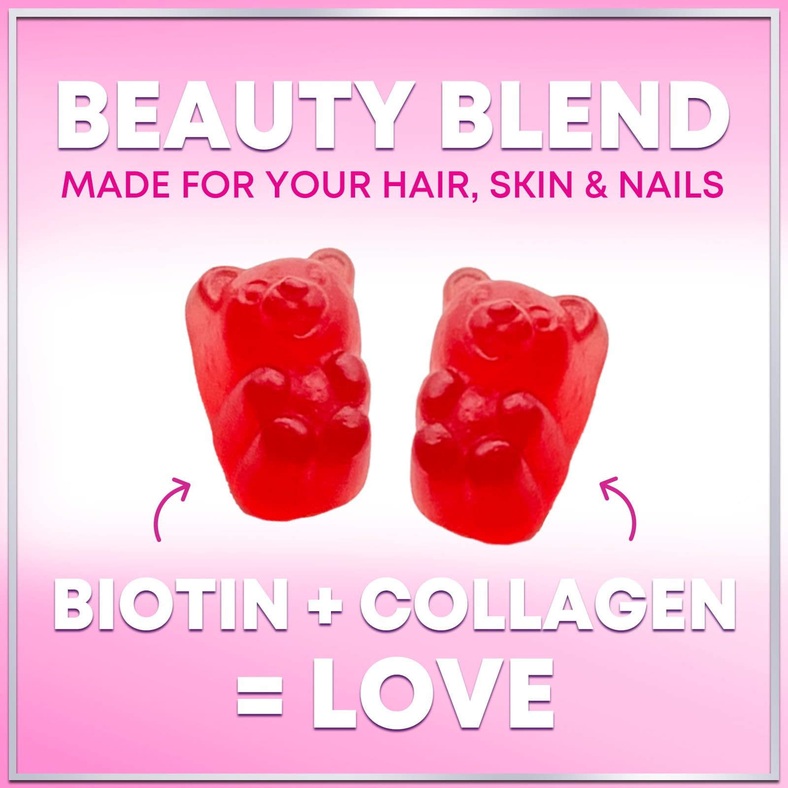 Collagen Peptides Gummies with Biotin 2500 mcg - Multi-Collagen Type I & III, Vitamin C & Zinc - 60 Gummies - Pomegranate