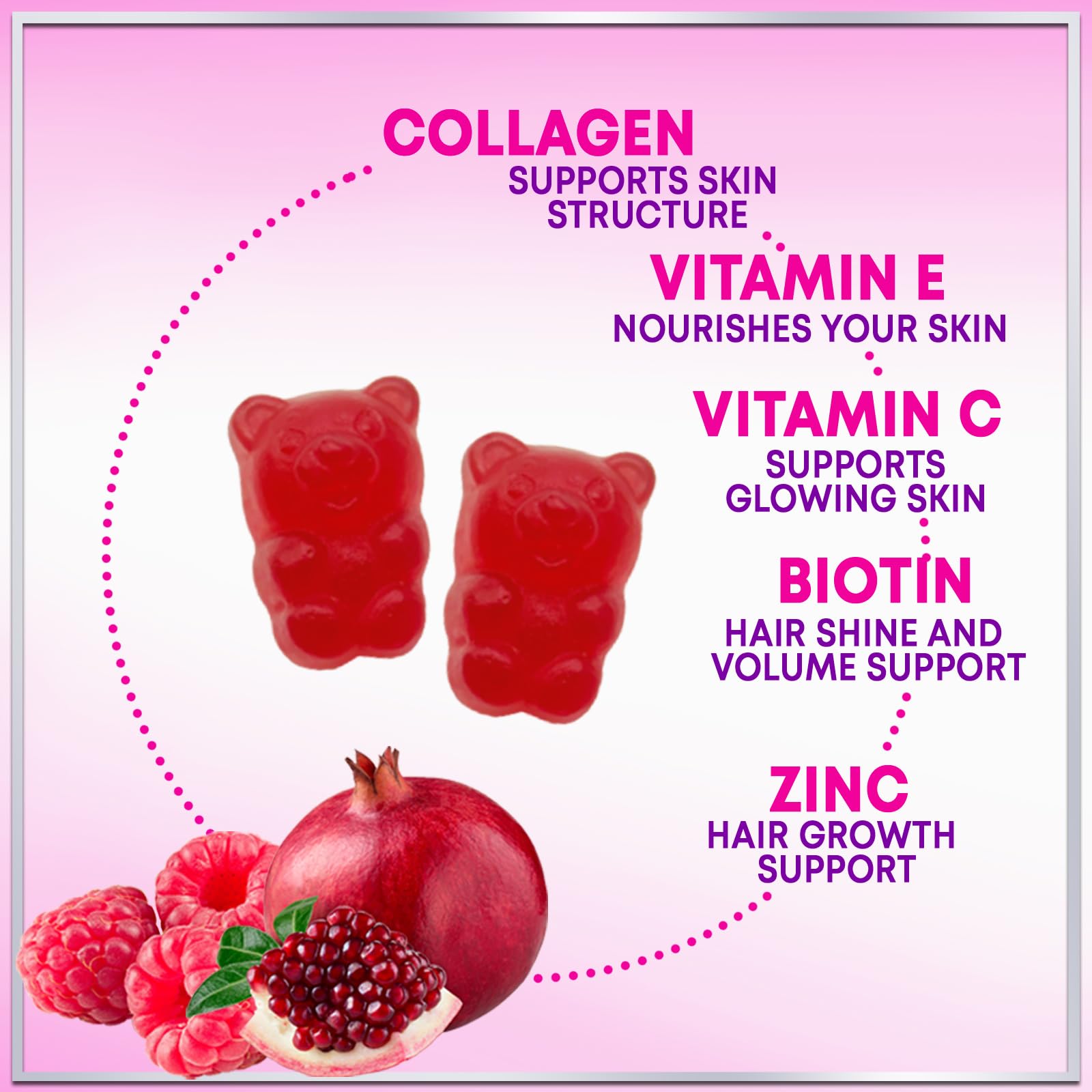 Collagen Peptides Gummies with Biotin 2500 mcg - Multi-Collagen Type I & III, Vitamin C & Zinc - 60 Gummies - Pomegranate