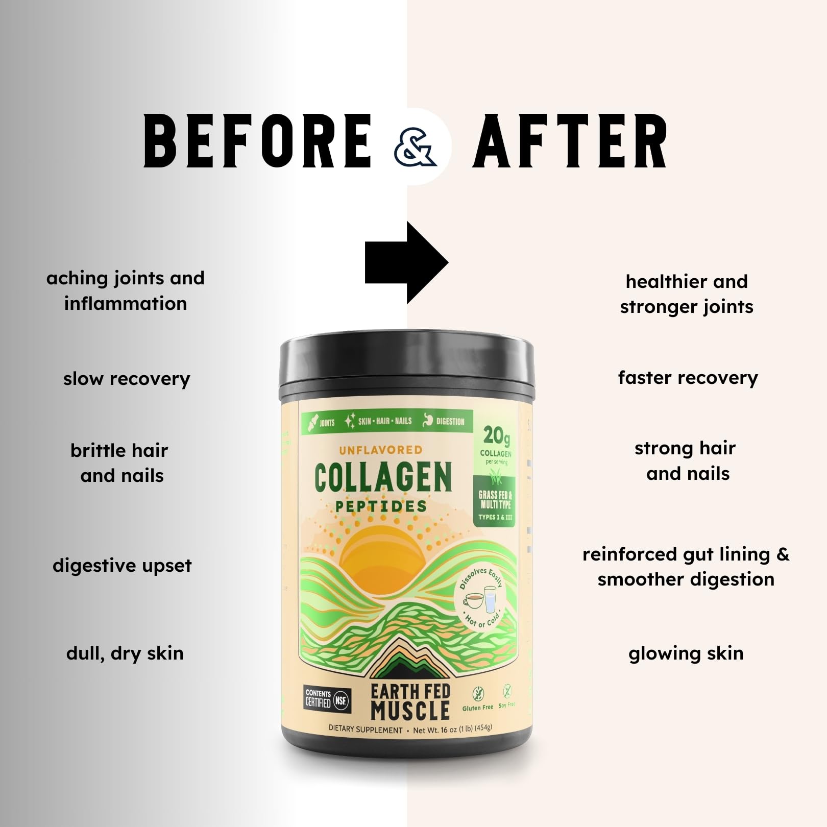 Earth Fed Muscle Collagen Peptides Powder – Unflavored, 20g per Serving | Hair, Skin & Nails Support | Keto & Gluten-Free
