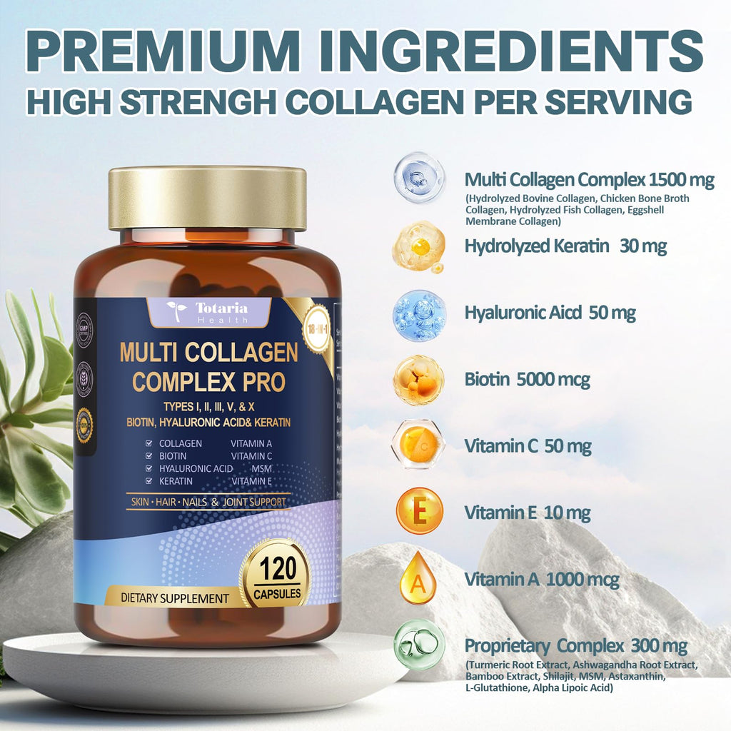 18-in-1 Collagen Pro with Hyaluronic Acid – Multi Collagen Peptides 120 Caps