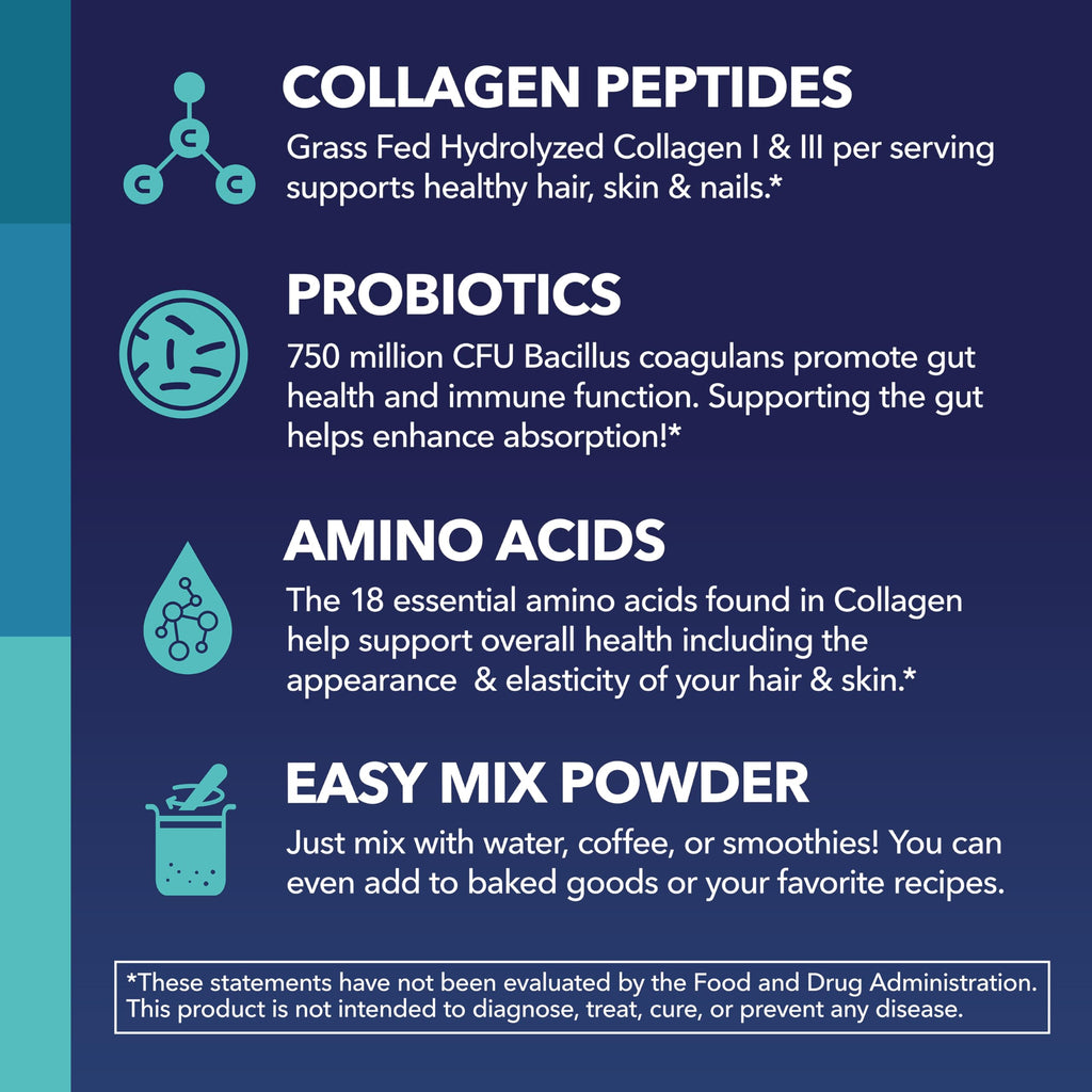 Collagen Peptides Powder with Probiotics | Grass-Fed Hydrolyzed Type I & III | Hair, Skin & Nails