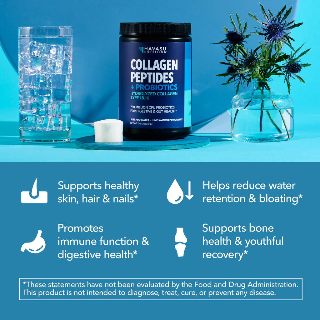 Collagen Peptides Powder with Probiotics | Grass-Fed Hydrolyzed Type I & III | Hair, Skin & Nails