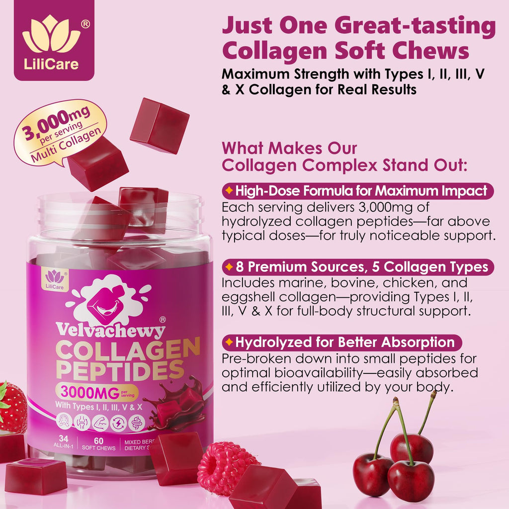 Multi Collagen Peptides Soft Chews 3000mg | 60 Servings | Hair Skin Nails & Joints
