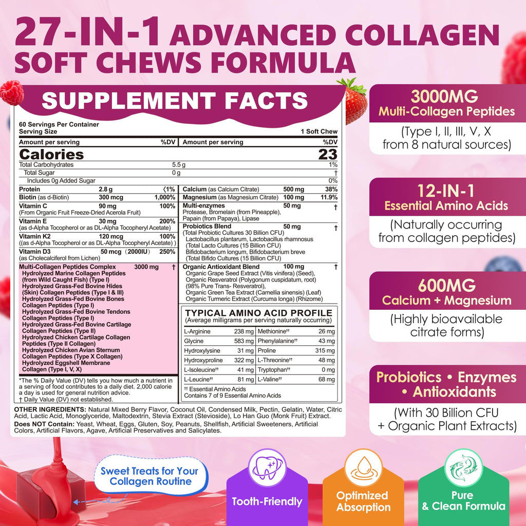Multi Collagen Peptides Soft Chews 3000mg | 60 Servings | Hair Skin Nails & Joints