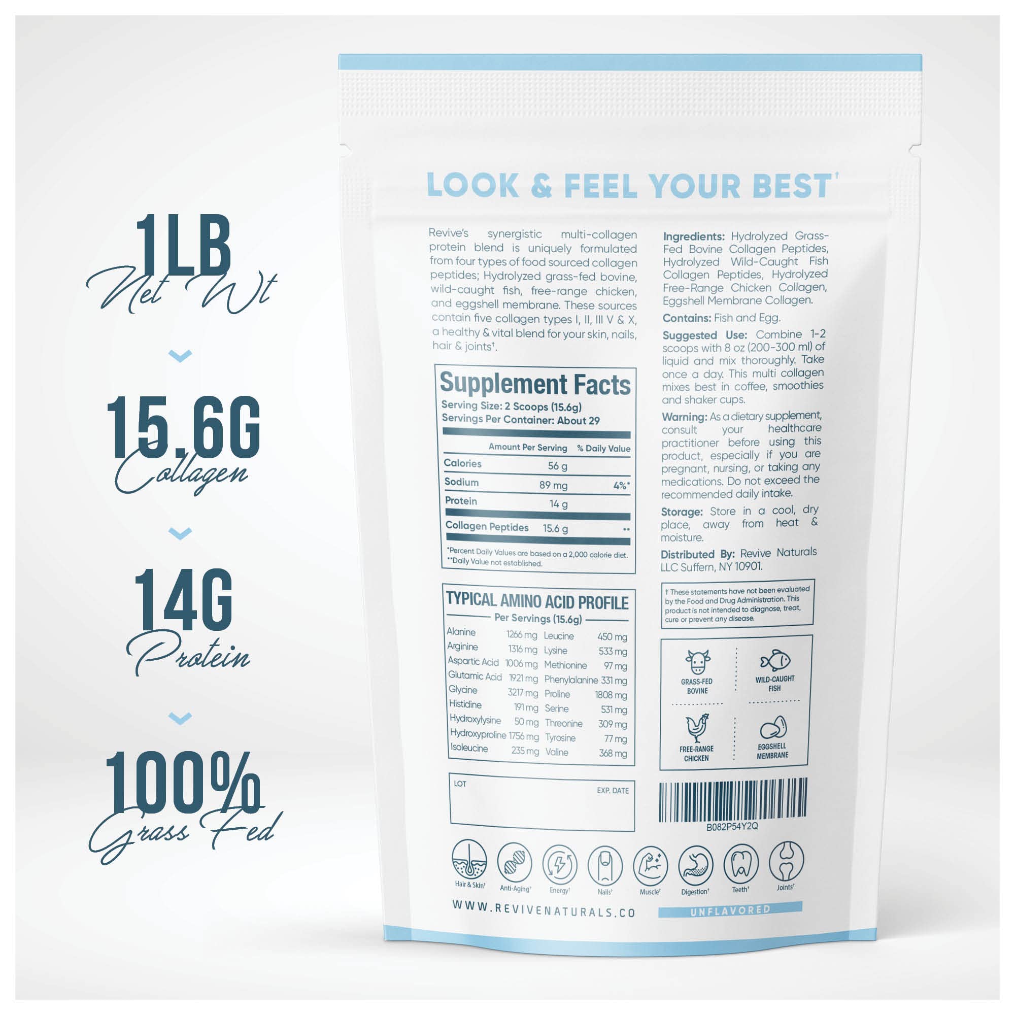Multi Collagen Protein Powder (16oz) - Five Types I-X | Grass-Fed Bovine, Marine, Chicken & Eggshell
