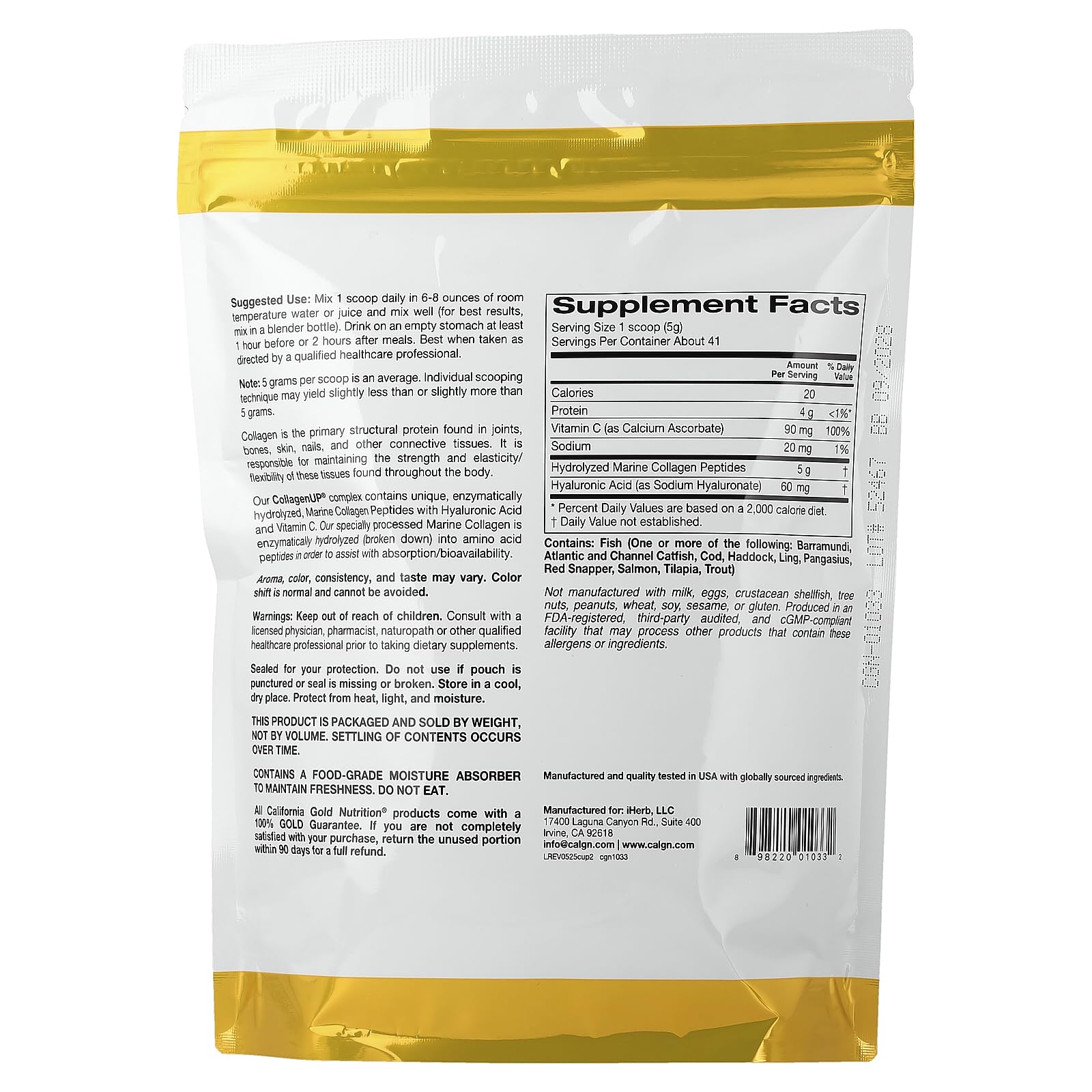 California Gold Nutrition CollagenUP® — Marine Collagen Peptides + Hyaluronic Acid & Vitamin C (Unflavored) 7.26 oz