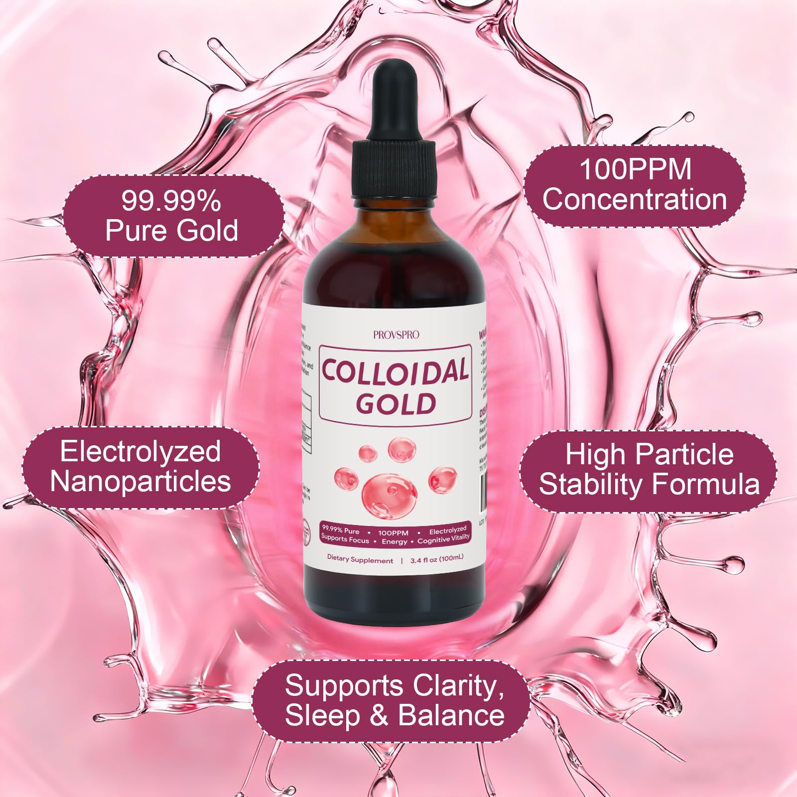 Colloidal Gold 100ppm – 24K Nano-Gold, Natural Electrolyte, 4 oz