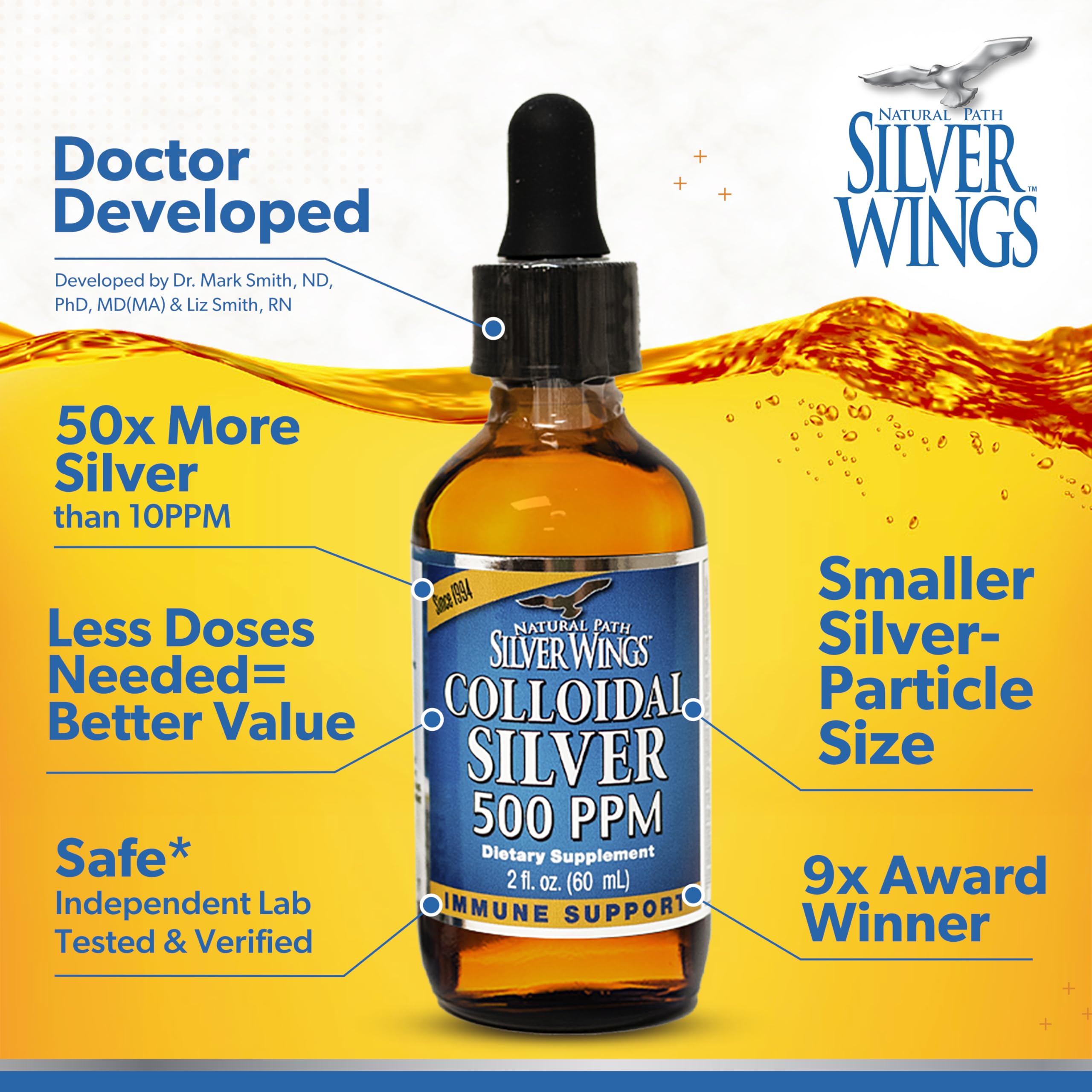 Natural Path Silver Wings Colloidal Silver - Extra Strength 500ppm Immune Support - 2oz Dropper