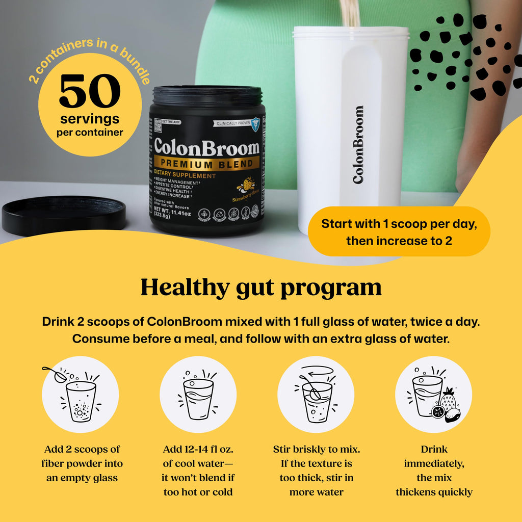 ColonBroom Premium Weight Management Supplement (Strawberry) - Psyllium Husk Fiber Powder Drink - Gluten Free, Non-GMO, 100 Servings