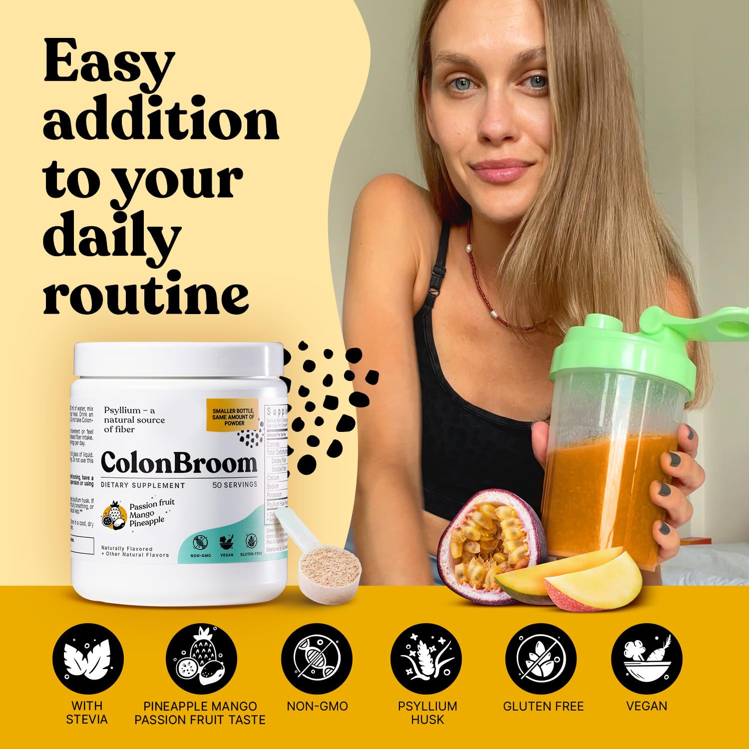 ColonBroom Psyllium Husk Powder with Stevia (Tropical Fruits) – Digestive Fiber Drink for Bloat Relief & Gut Health | 50 Servings