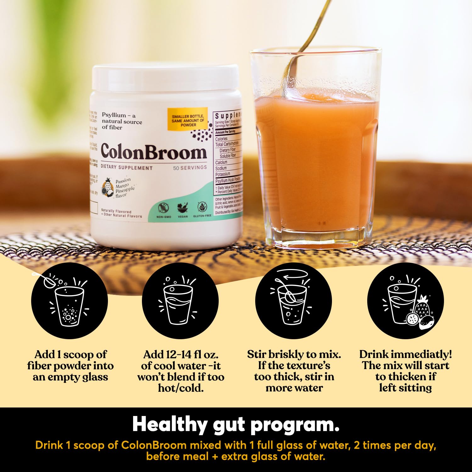 ColonBroom Psyllium Husk Powder with Stevia (Tropical Fruits) – Digestive Fiber Drink for Bloat Relief & Gut Health | 50 Servings