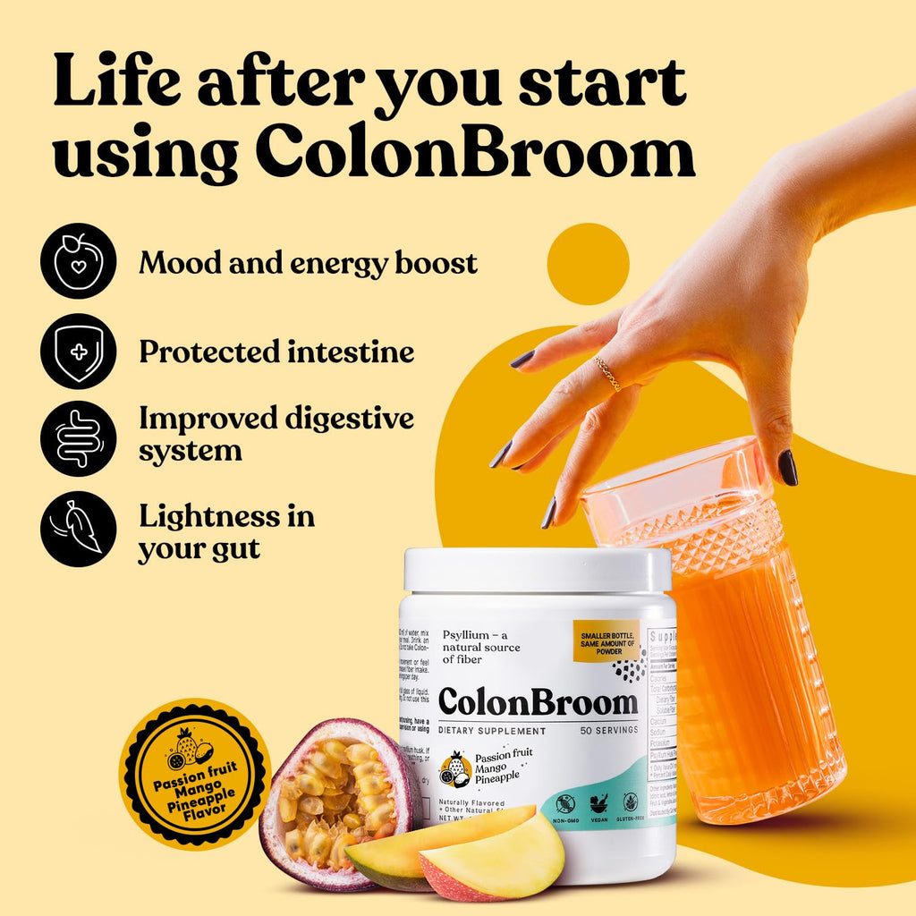 ColonBroom Psyllium Husk Powder with Stevia – Tropical Fruits Flavor, 100 Servings