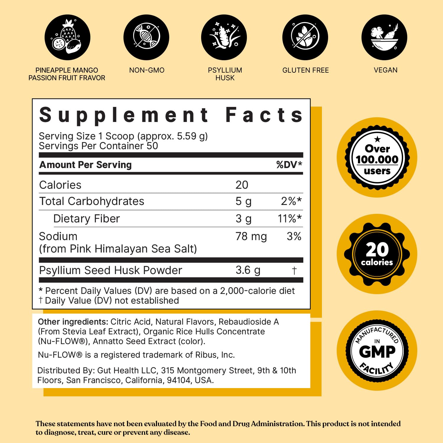 ColonBroom Psyllium Husk Powder with Stevia – Tropical Fruits Flavor, 100 Servings