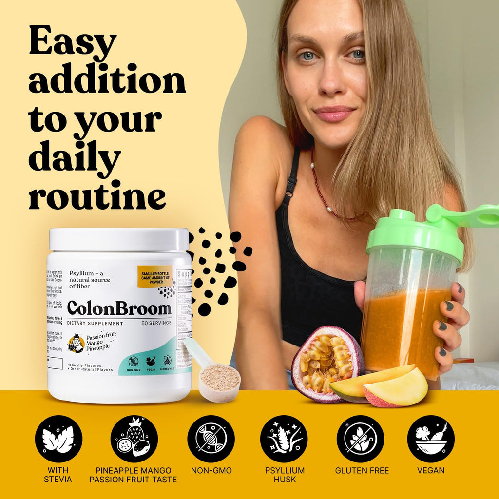 ColonBroom Psyllium Husk Powder with Stevia – Tropical Fruits Flavor, 100 Servings