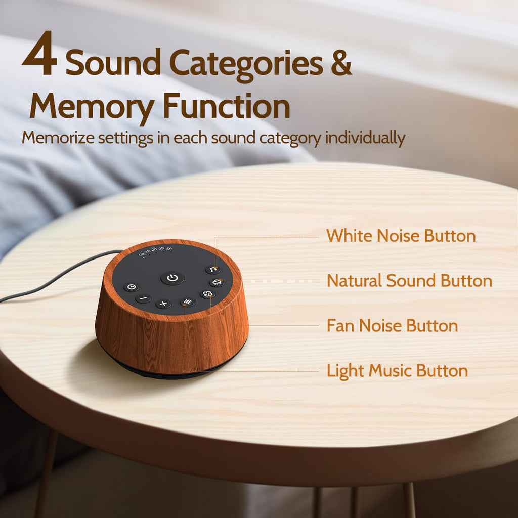Color Noise Sleep White Noise Sound Machine – 25 Soothing Sounds, 32 Volume Levels, 5 Timers, Wood Finish