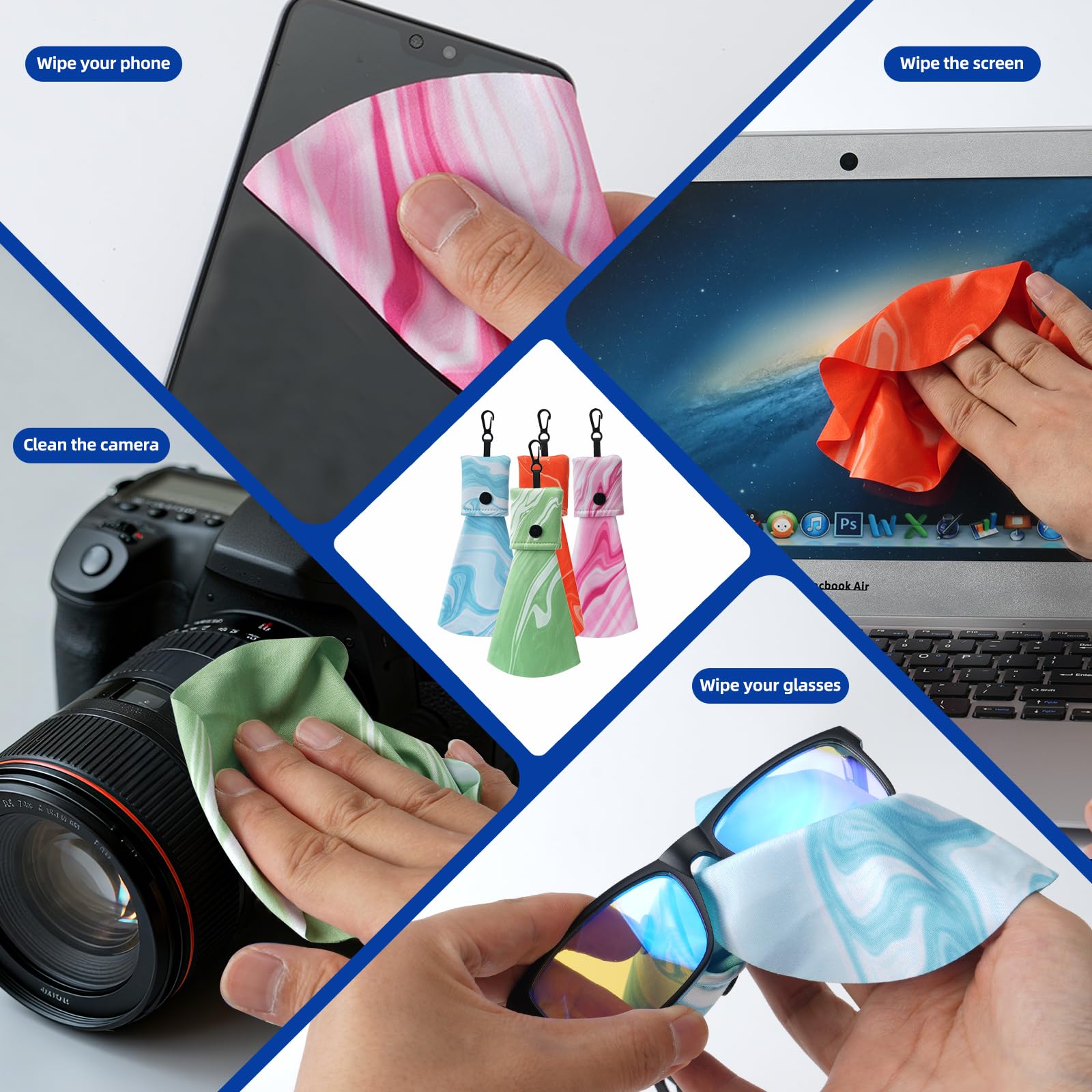 Colorful Glasses Cleaning Cloths - Microfiber Wipes | Portable Keychain Lens Cleaner for Sunglasses & Electronics