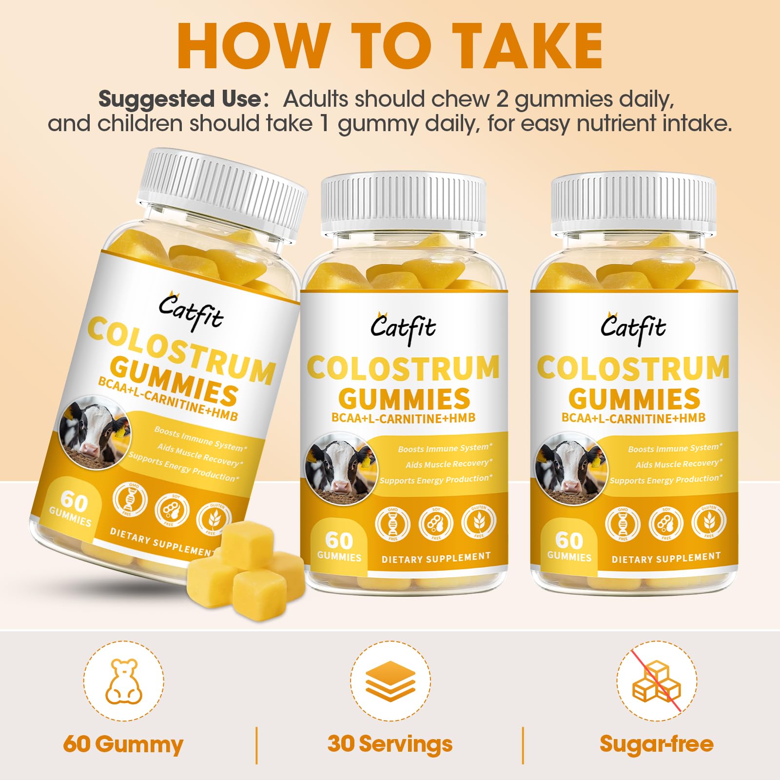 Sugar-Free Colostrum Gummies – Grass-Fed, 40% IgG, Orange, 60 Gummies