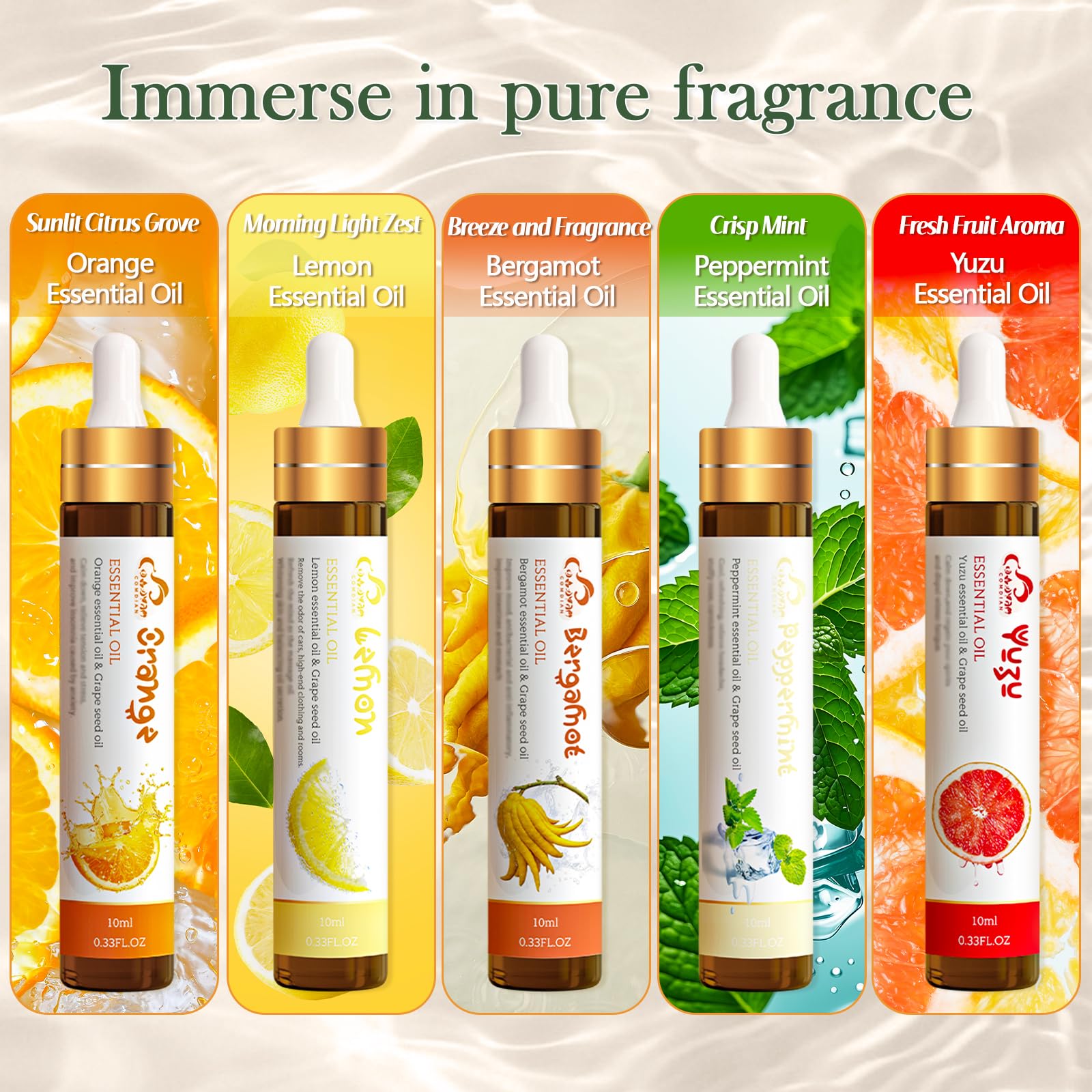 Comdian 5-Piece Citrus Essential Oils Set – Lemon, Bergamot, Orange, Peppermint, Yuzu