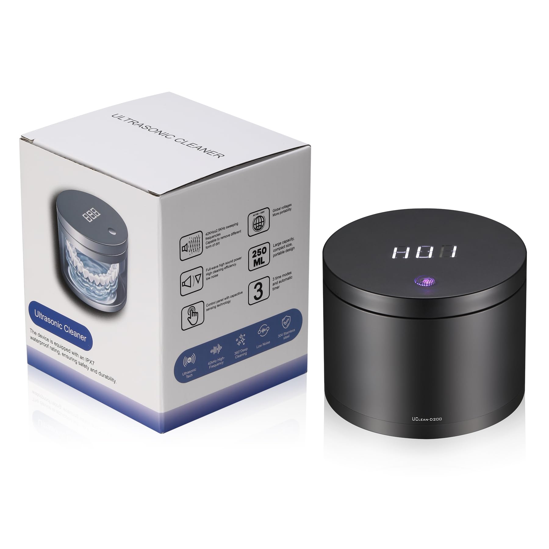 42KHz Ultrasonic Cleaner with UV Light | 250ml, Digital Touch Control, 3/5/10 Min Timers, Waterproof