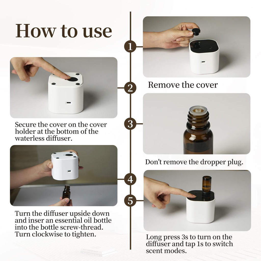 Waterless Portable Essential Oil Diffuser – Battery-Operated Mini Diffuser with 3 Mist Modes, 10ml Oil Included (White)