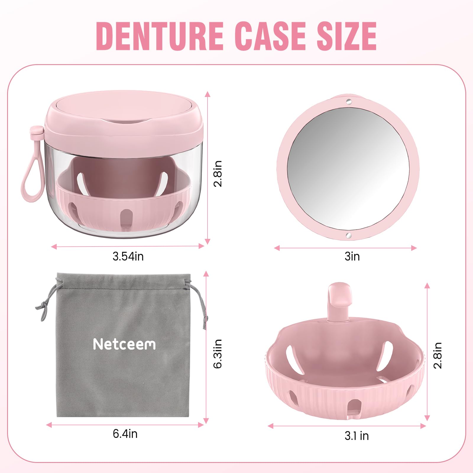 Leak-Proof Denture Bath Box Kit | Portable Travel Retainer Case with Mirror, Brush & Strainer