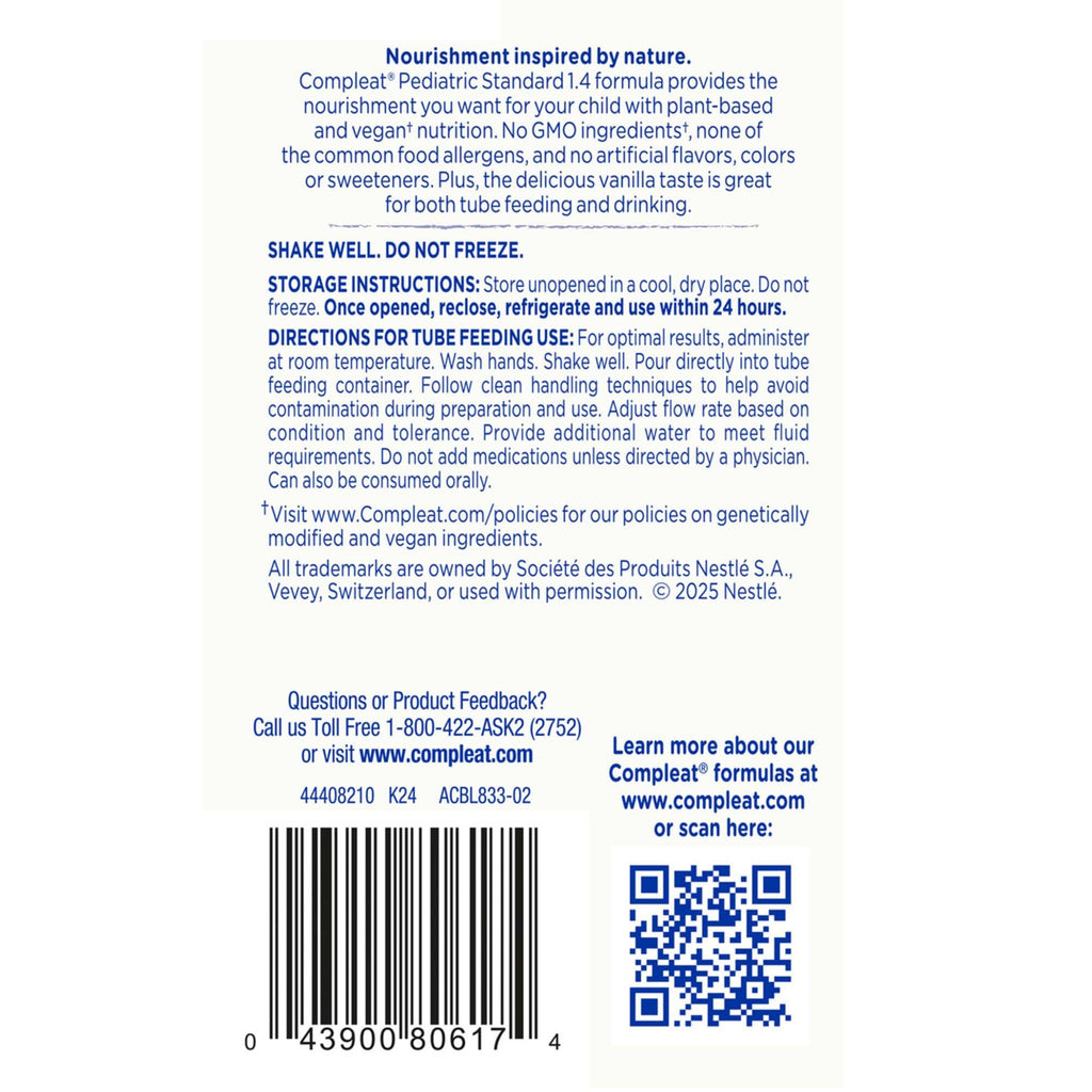 Compleat Pediatric Standard 1.4 Cal Vanilla – Plant-Based Pediatric Tube Feeding Formula, 8.45 oz Carton (24 Ct)