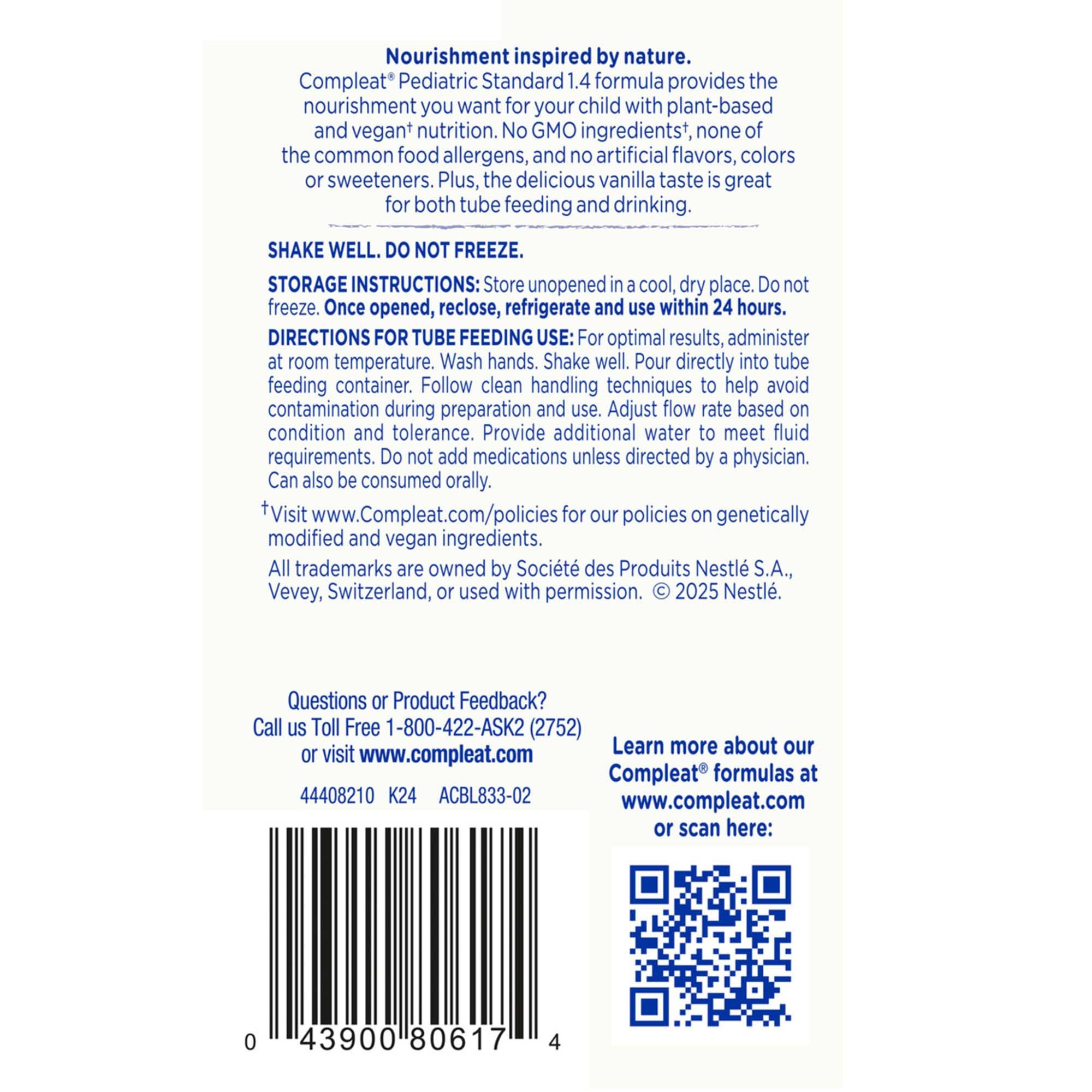 Compleat Pediatric Standard 1.4 Cal Vanilla – Plant-Based Pediatric Tube Feeding Formula, 8.45 oz Carton (24 Ct)