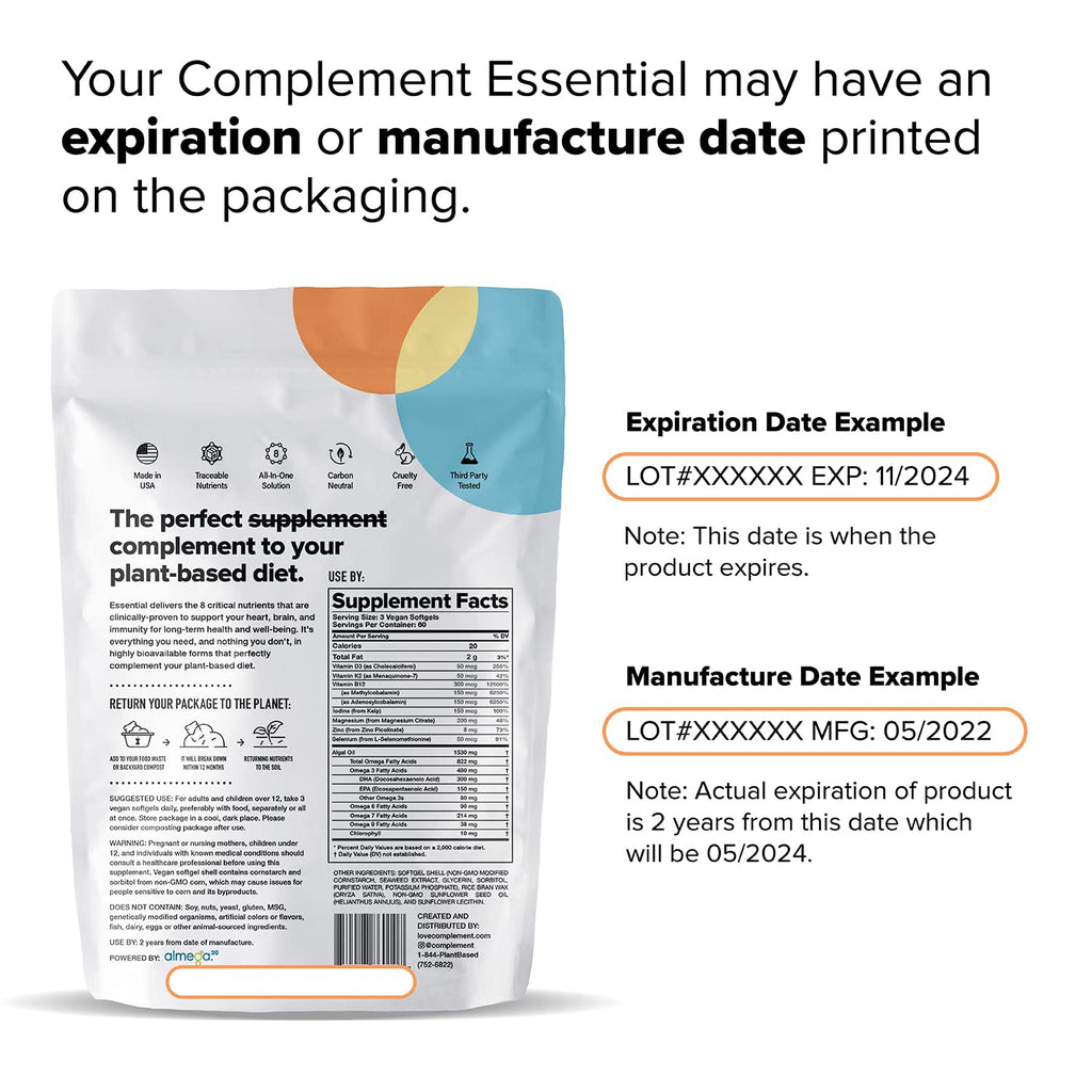 Complement Essential Vegan Multivitamin for Men & Women | Omega-3 DHA/EPA, D3 & K2