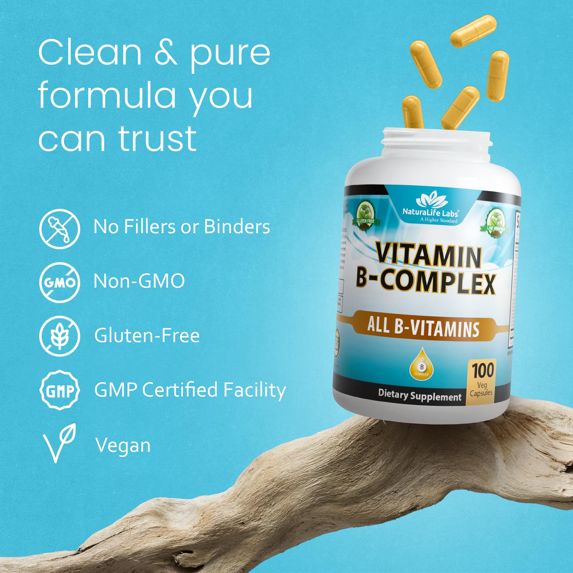 NaturaLife Labs Vitamin B-Complex with Vitamin C & Folic Acid | 100 Capsules