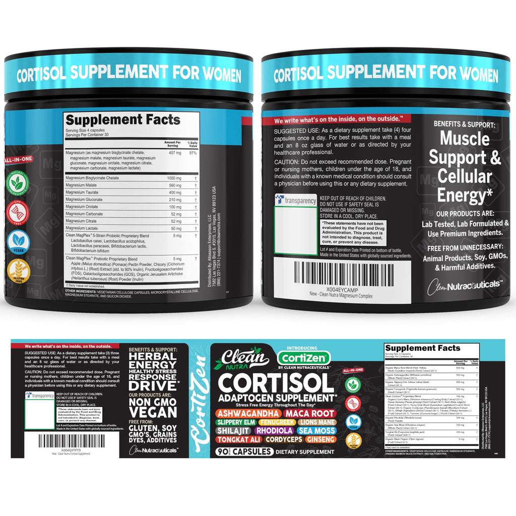Clean Nutra Cortisol Supplements For Women | Maca Root Ashwagandha Cortisol Detox Manager Reducer + Slippery Elm Fenugreek Lions Mane Shilajit Rhodiola Sea Moss Tongkat Ali Cordyceps Ginseng Beet Root