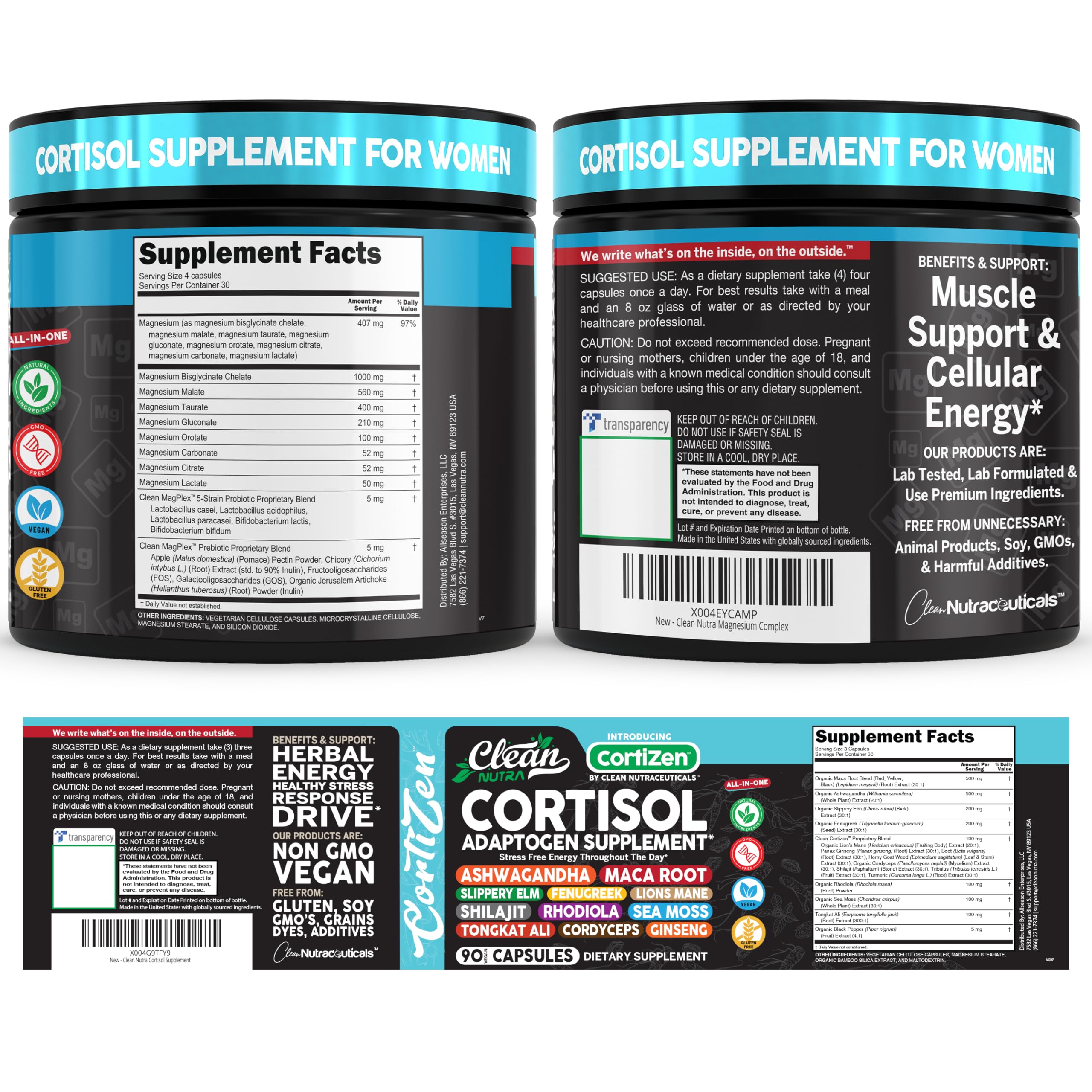 Clean Nutra Cortisol Supplements For Women | Maca Root Ashwagandha Cortisol Detox Manager Reducer + Slippery Elm Fenugreek Lions Mane Shilajit Rhodiola Sea Moss Tongkat Ali Cordyceps Ginseng Beet Root