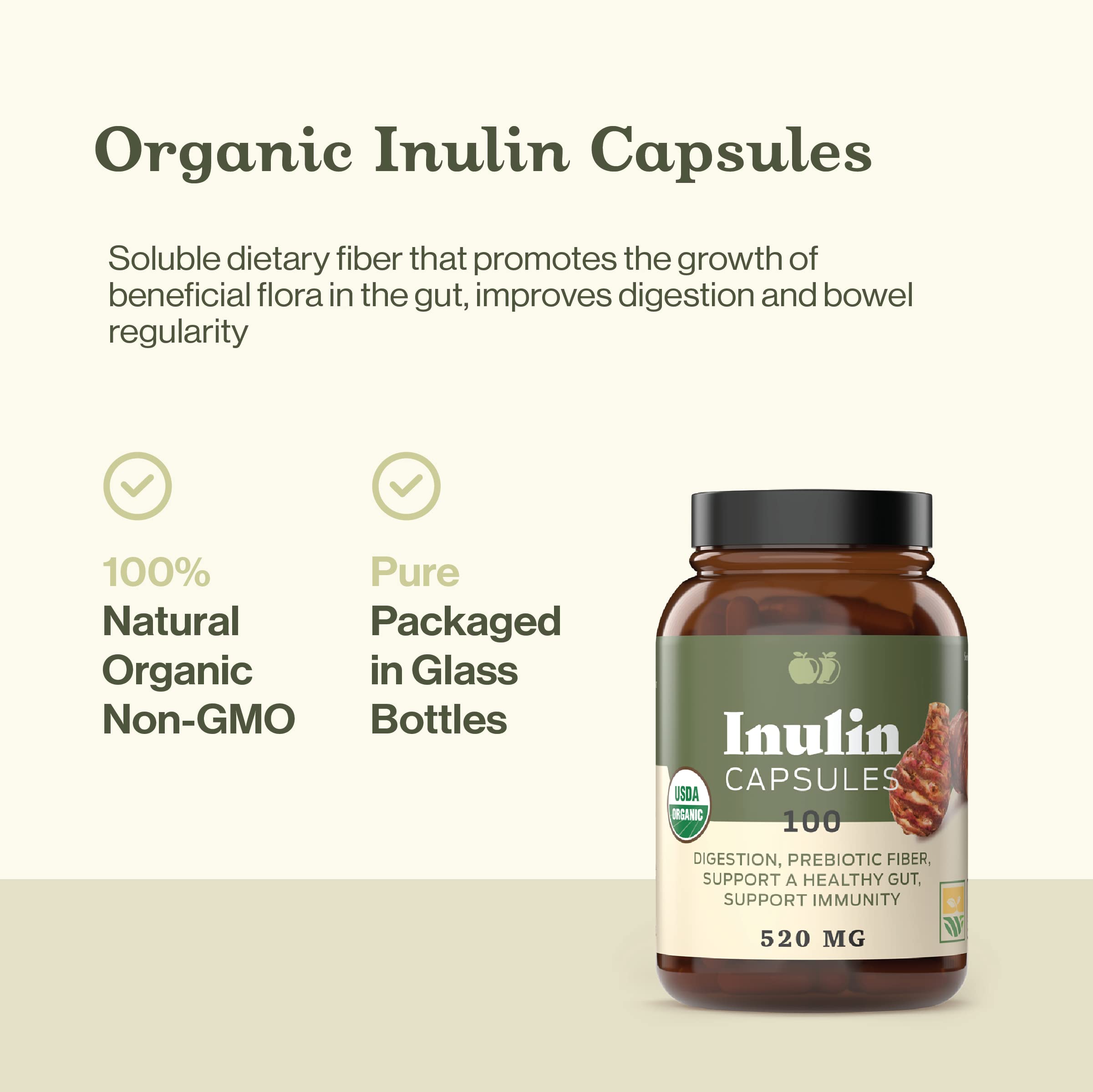Complete Natural Products Organic Inulin Capsules – 520mg, 100 Pills, Organic Jerusalem Artichoke Inulin, Pack of 2