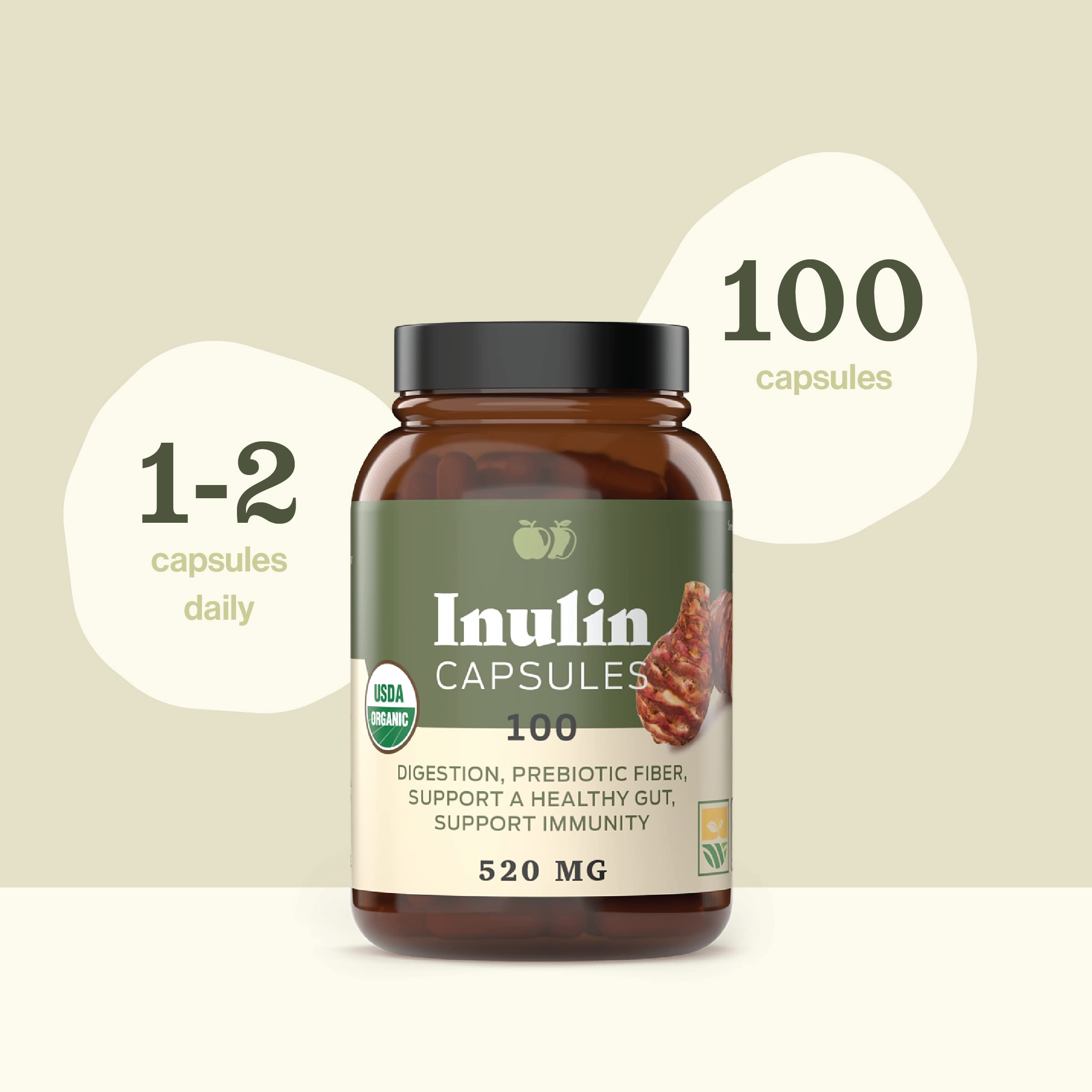 Complete Natural Products Organic Inulin Capsules – 520mg, 100 Pills, Organic Jerusalem Artichoke Inulin, Pack of 2