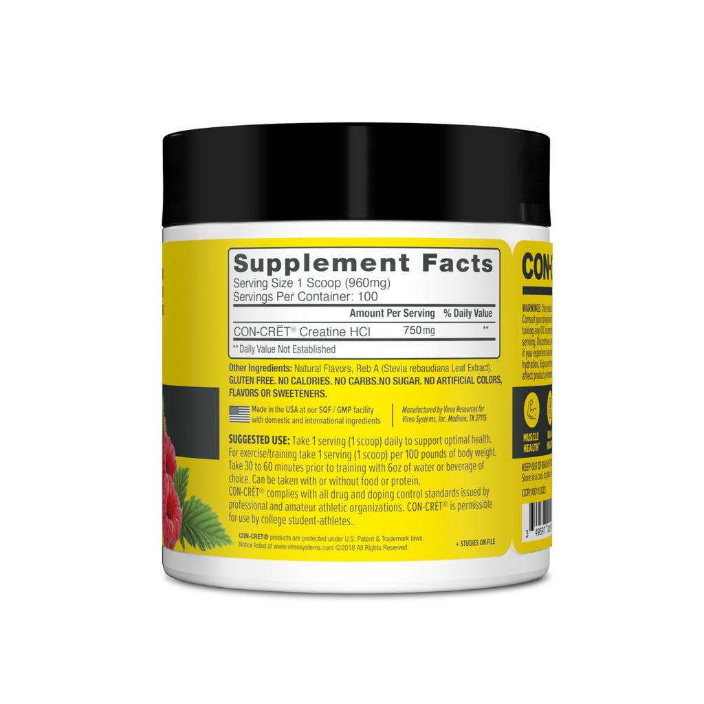 CON-CRET Creatine HCl Powder | Muscle, Cognitive, Cellular Energy Support | No Bloating or Cramps | USA Made & NSF Certified | Raspberry (100 Serving)