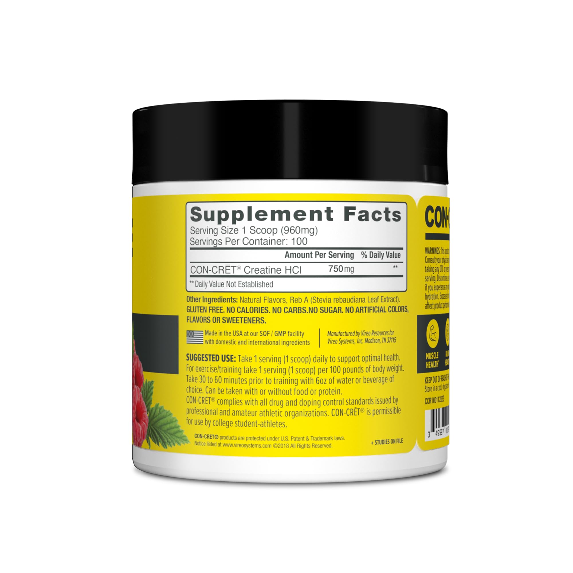 CON-CRET Creatine HCl Powder | Muscle, Cognitive, Cellular Energy Support | No Bloating or Cramps | USA Made & NSF Certified | Raspberry (100 Serving)