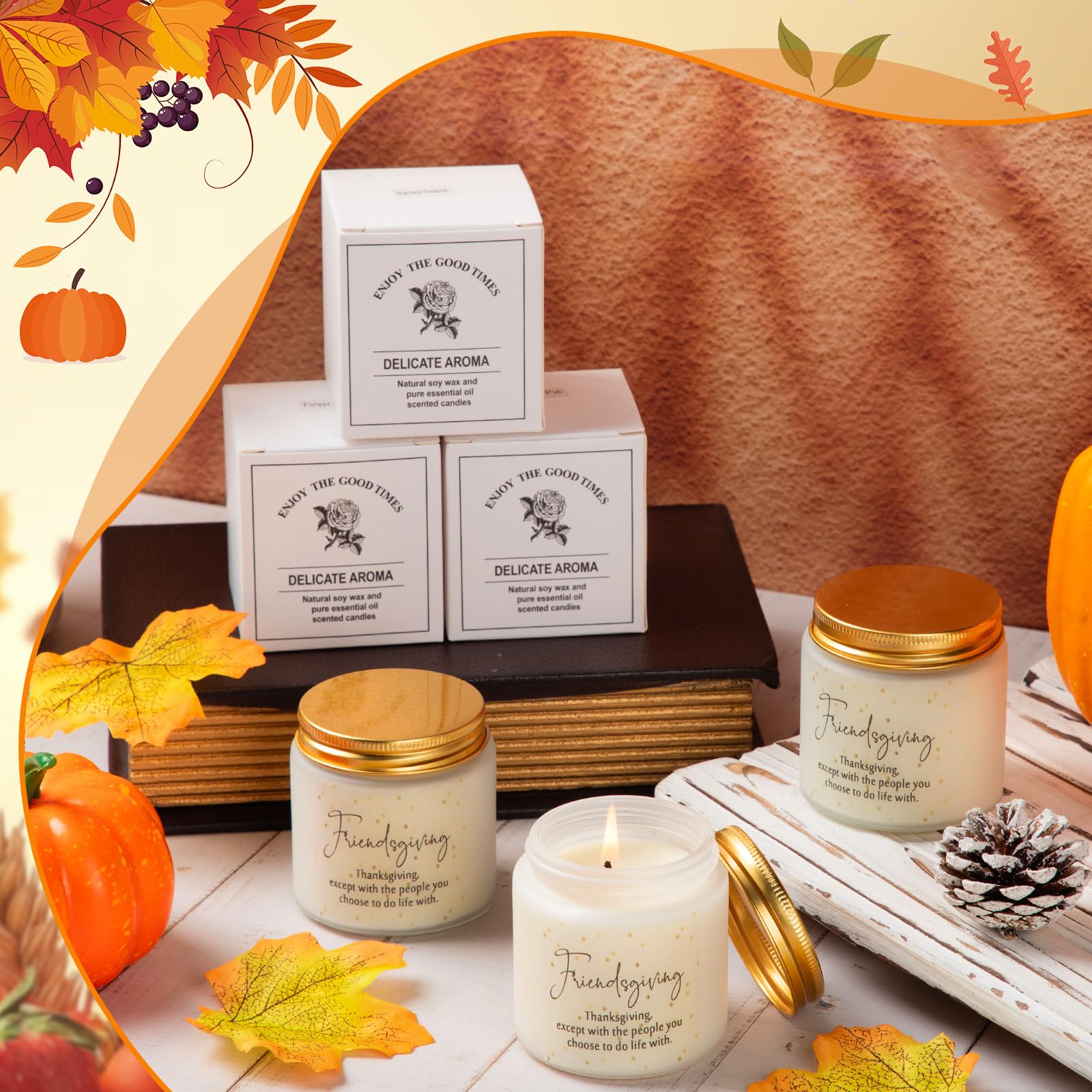Conelist 3-Piece Thanksgiving Candles Set - 3.5 oz Soy Wax Glass Jars, Pumpkin Scented