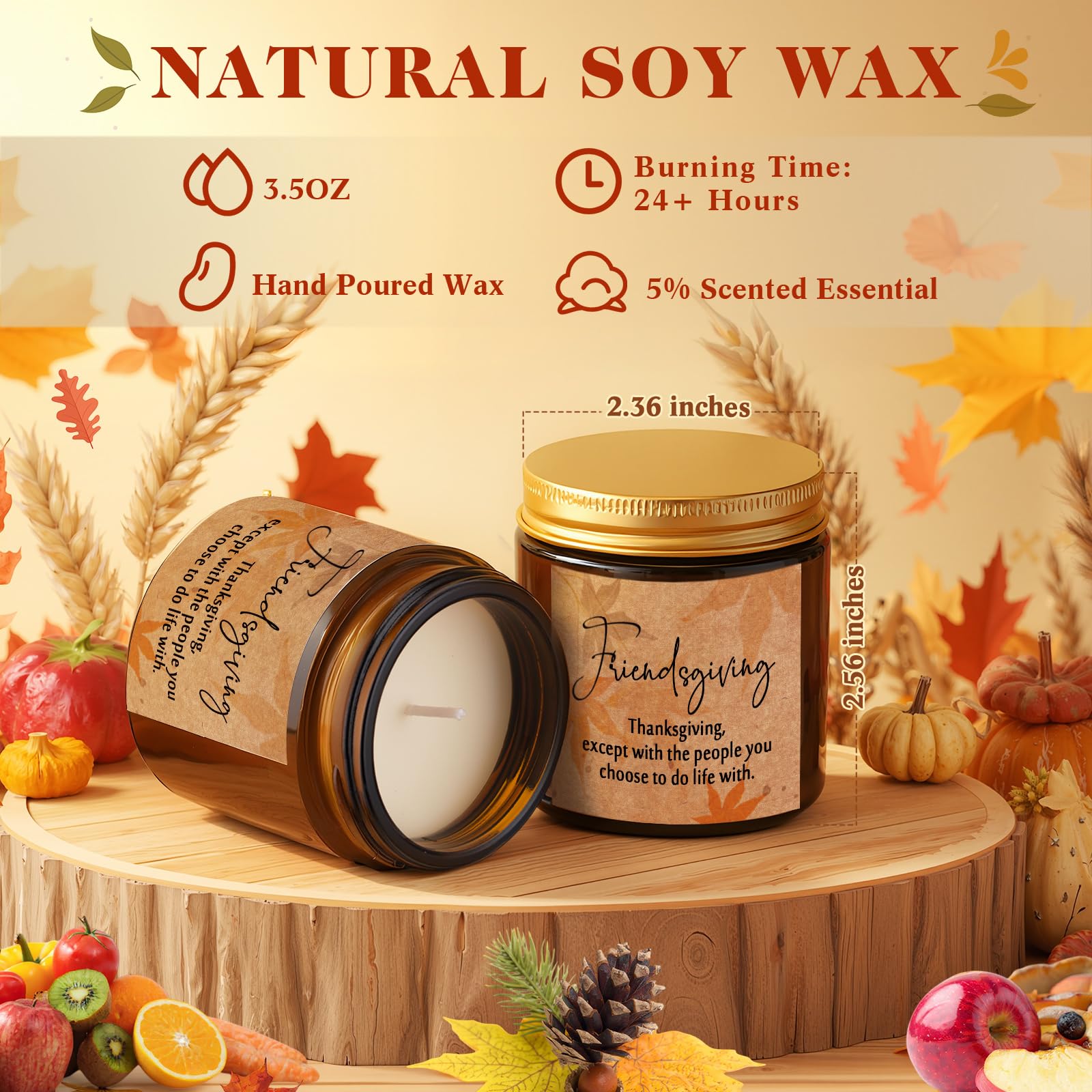 Conelist 3 Pcs Thanksgiving Candles Set – 3.5 oz Soy Wax Amber Glass Jar | Fall Scented Gift