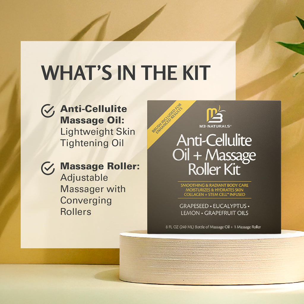 Anti Cellulite Oil & Lymphatic Drainage Massager Kit | Fascia Blaster for Contoured & Smoother Skin | 8 fl oz by M3 Naturals
