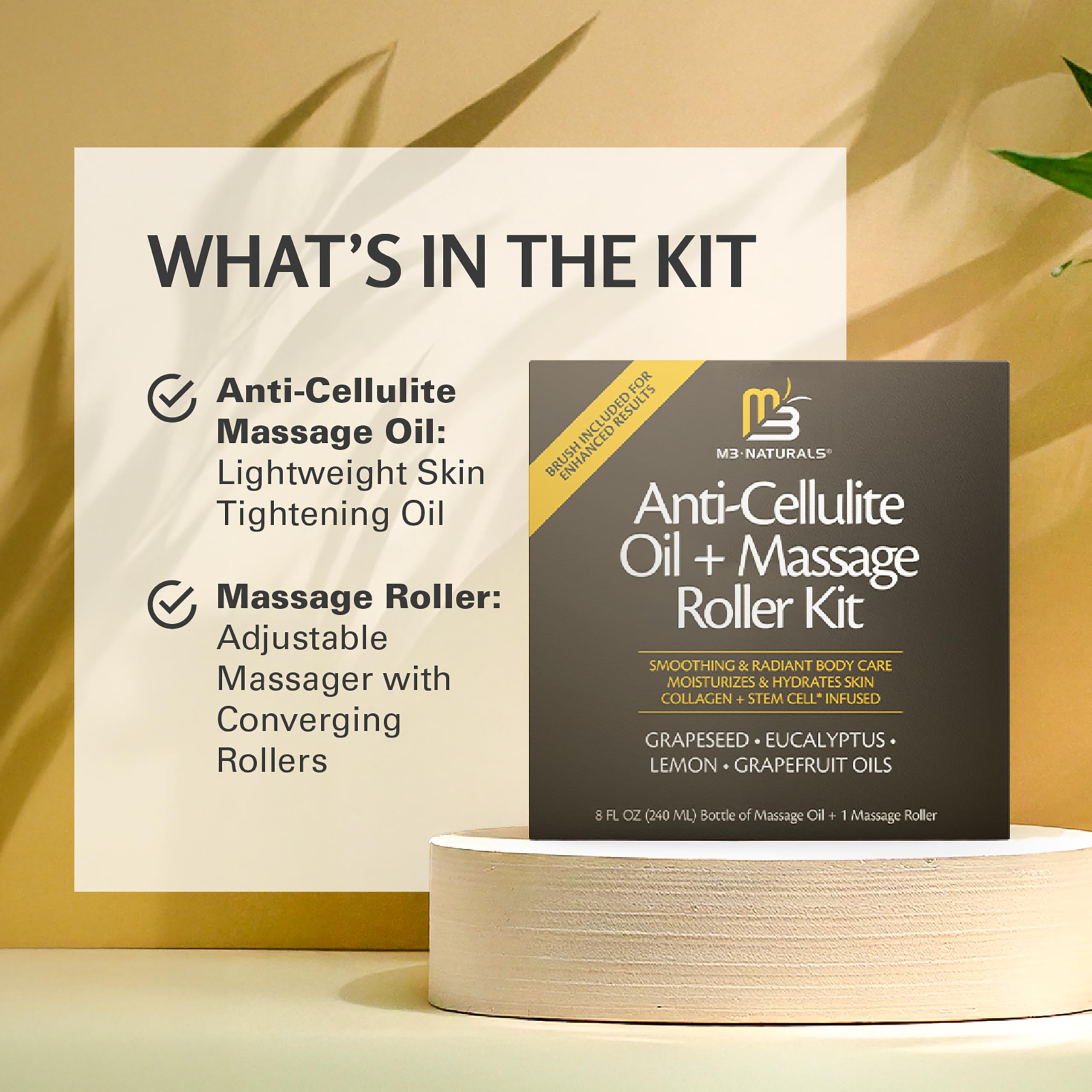 Anti Cellulite Oil & Lymphatic Drainage Massager Kit | Fascia Blaster for Contoured & Smoother Skin | 8 fl oz by M3 Naturals