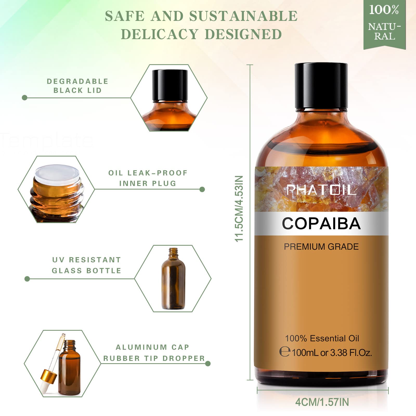 Copaiba Essential Oil 100ml (3.38fl.oz) | PHATOIL Pure Aromatherapy Oil for Diffuser, Humidifier, DIY Soap, Candle & Bath Bombs