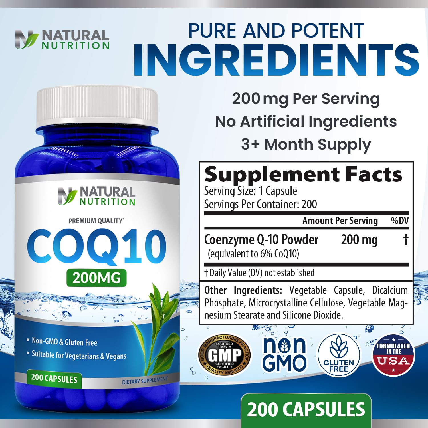 Generic Natural CoQ10 200mg – 200 Capsules, Quick Absorption | Gluten Free & Non-GMO