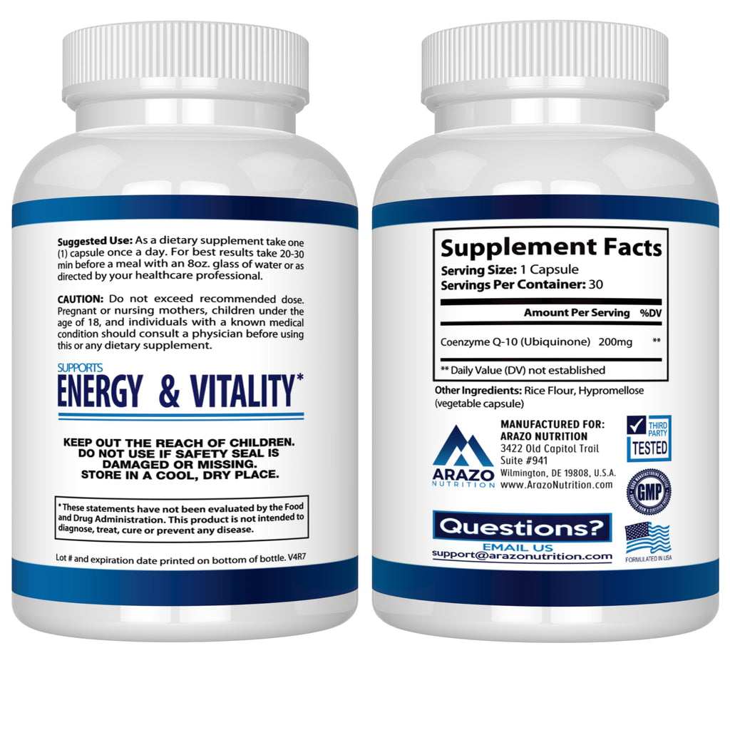 Arazo Nutrition CoQ10 Ubiquinone 200mg – High Absorption, No Soy | Pack of 2