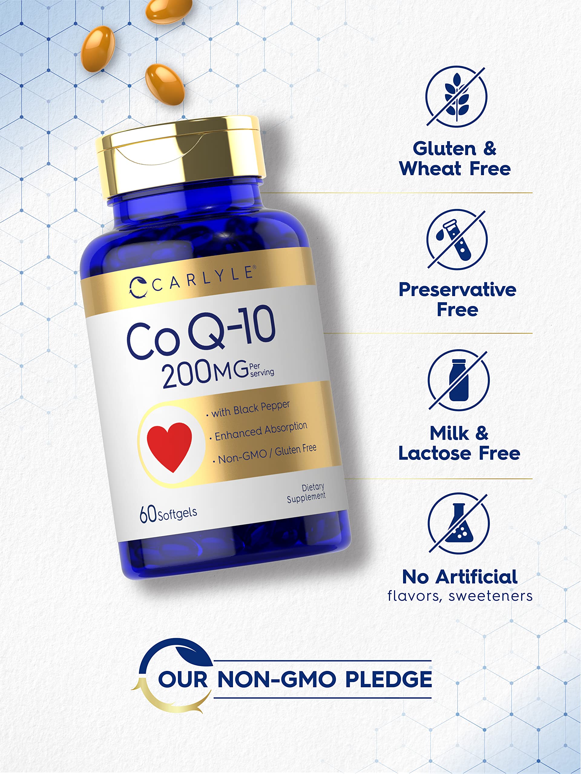 Carlyle CoQ10 200mg Softgels – 60 Count | Enhanced Absorption, Gluten Free, Non-GMO