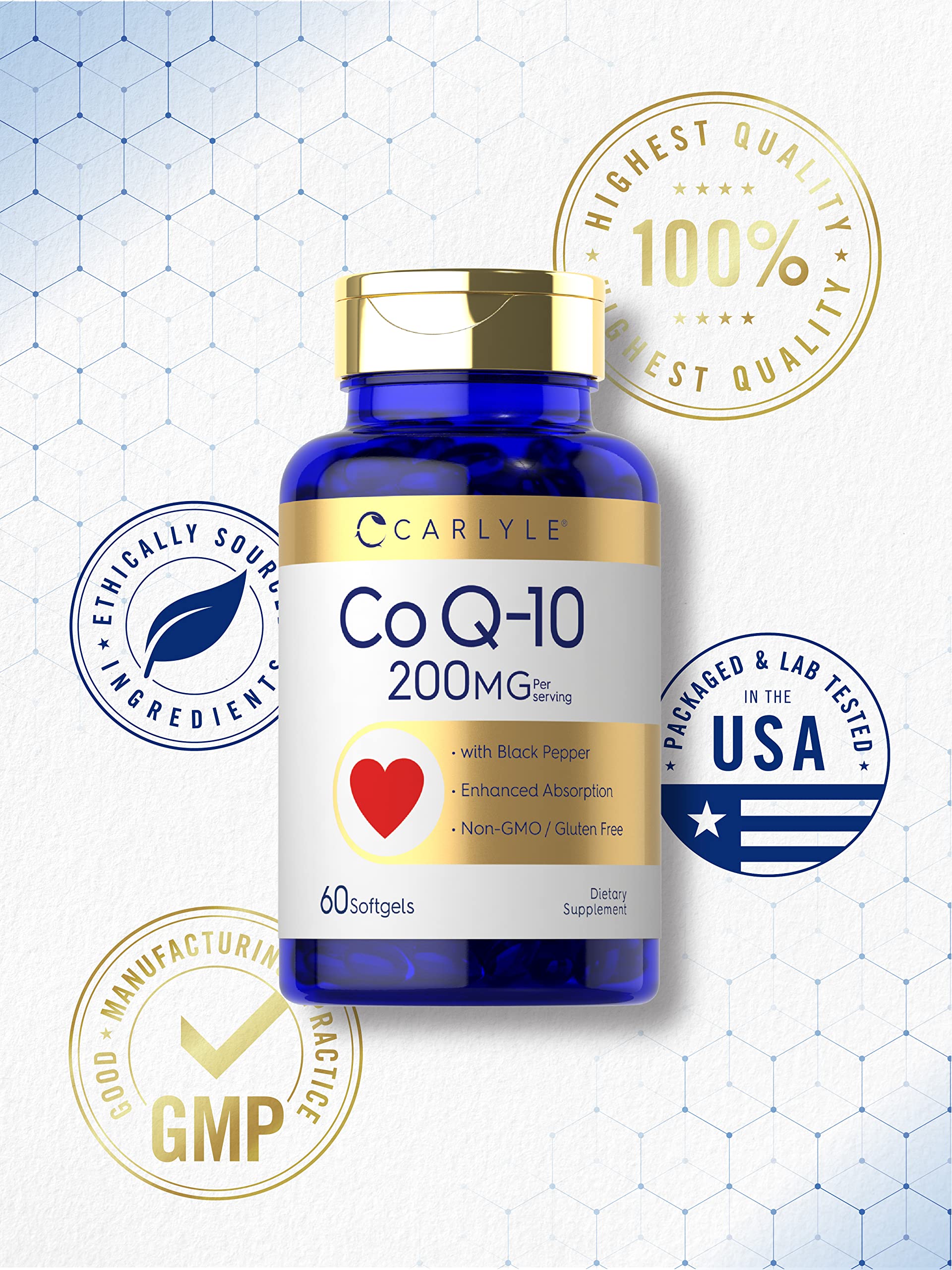 Carlyle CoQ10 200mg Softgels – 60 Count | Enhanced Absorption, Gluten Free, Non-GMO