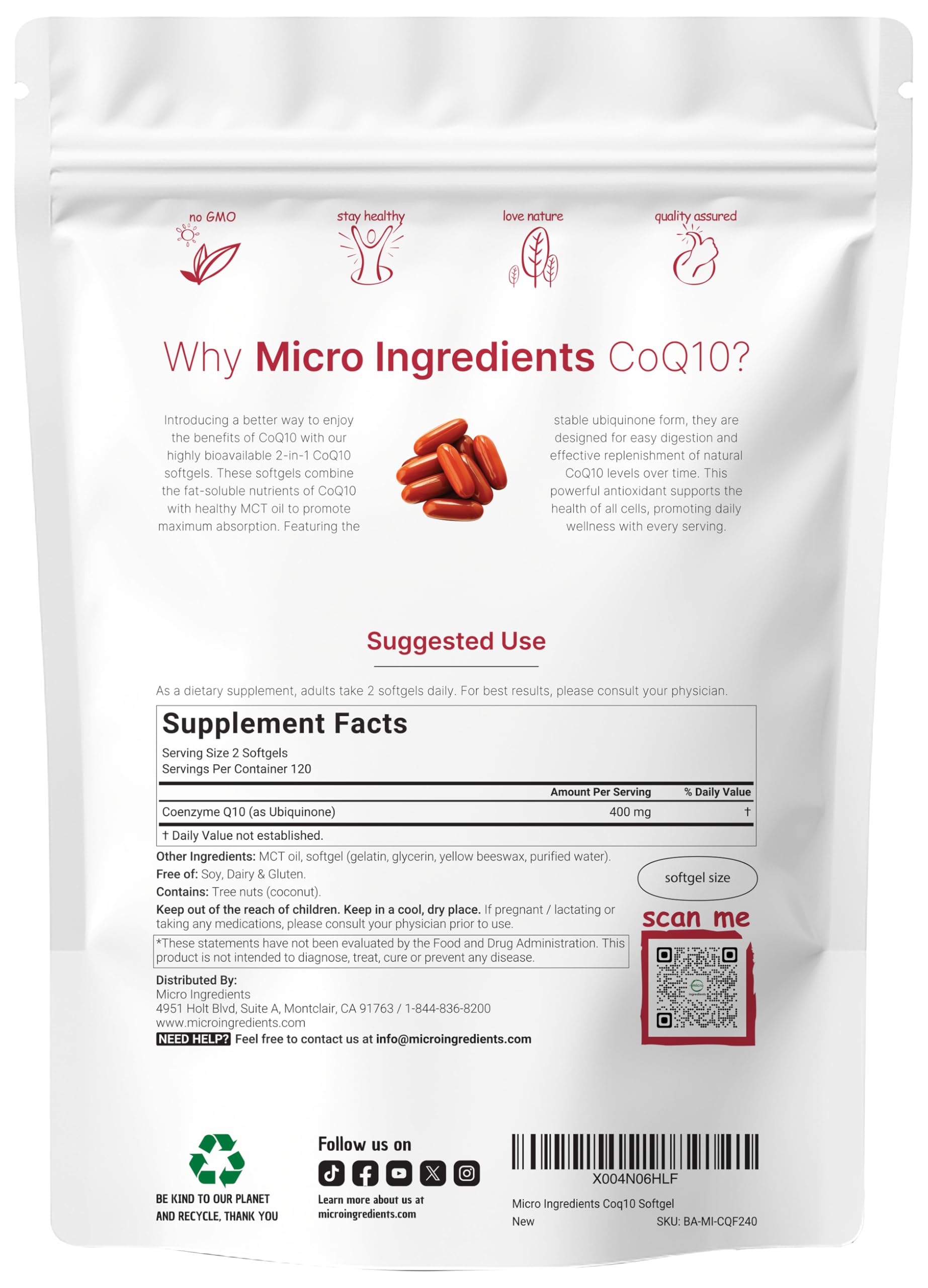 Micro Ingredients CoQ10 400mg Per Serving | 240 Softgels with Coconut MCT Oil | High Absorption Ubiquinone | Antioxidant Support for Heart & Energy | Non-GMO