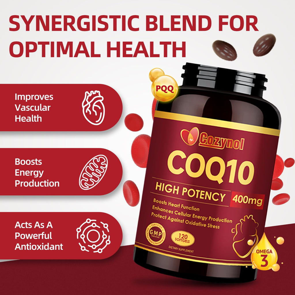 CoQ10-400mg Softgels with PQQ & Omega-3 – Maximum Absorption CoQ10 for Heart Health & Energy Production | 120 Count | Non-GMO