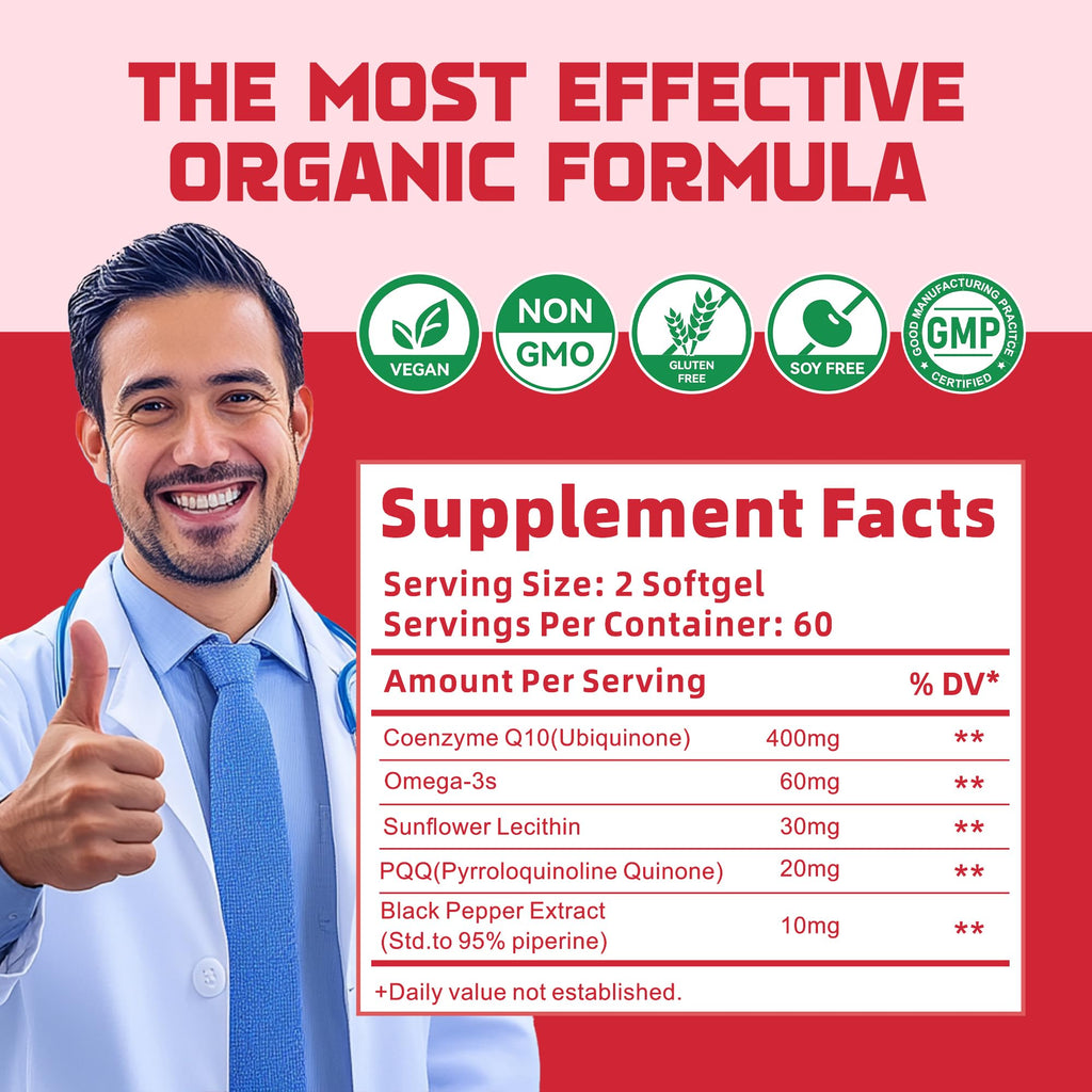 CoQ10 400mg Softgels with PQQ, BioPerine & Omega-3 | High-Absorption Coenzyme Q10 (120 Servings)